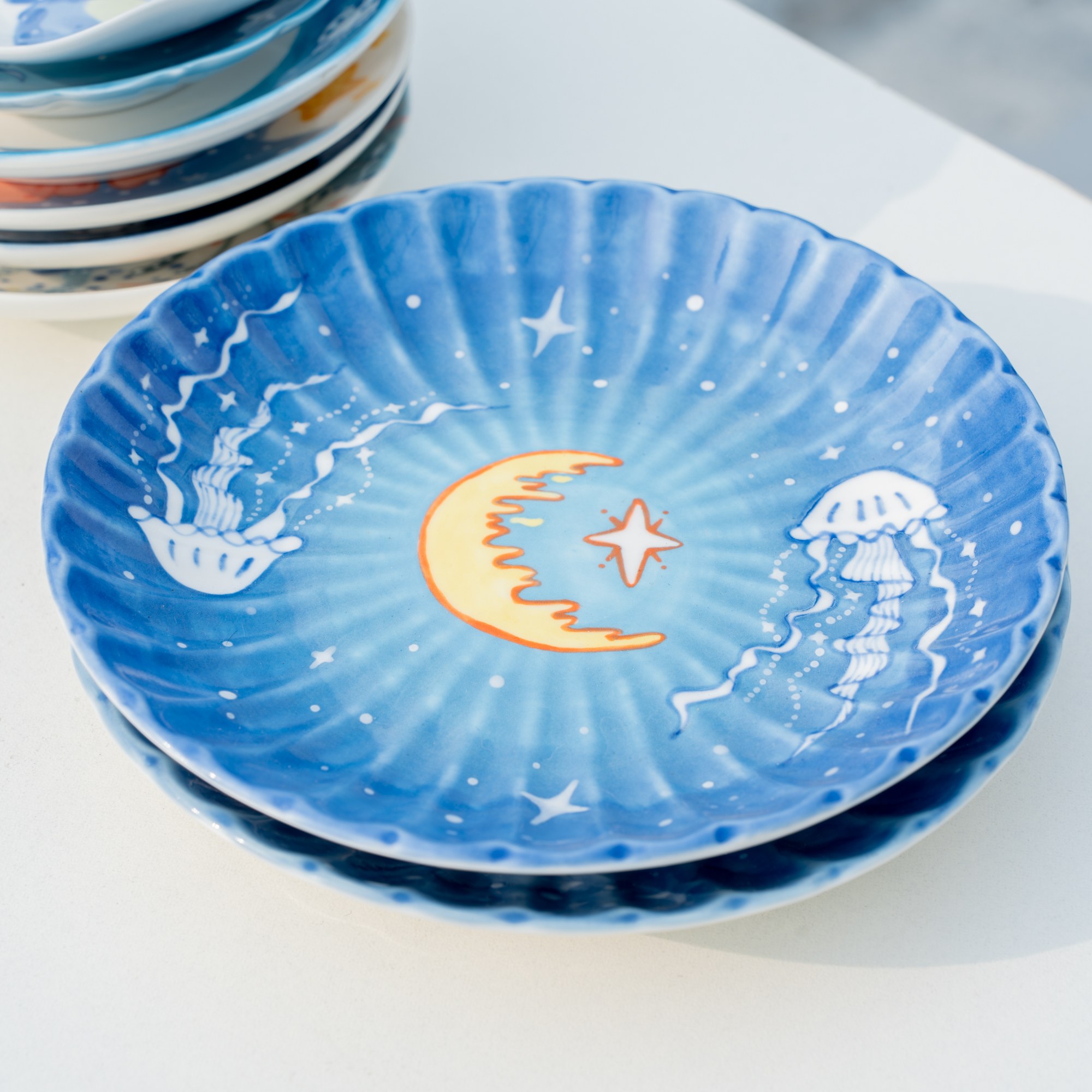 Hand-Painted Moon and Jellyfish Ocean Ceramic Plate - Image 2
