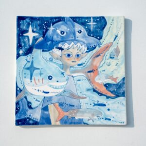 Hand-painted ocean dream ceramic art tile with sea creatures and layered blue tones