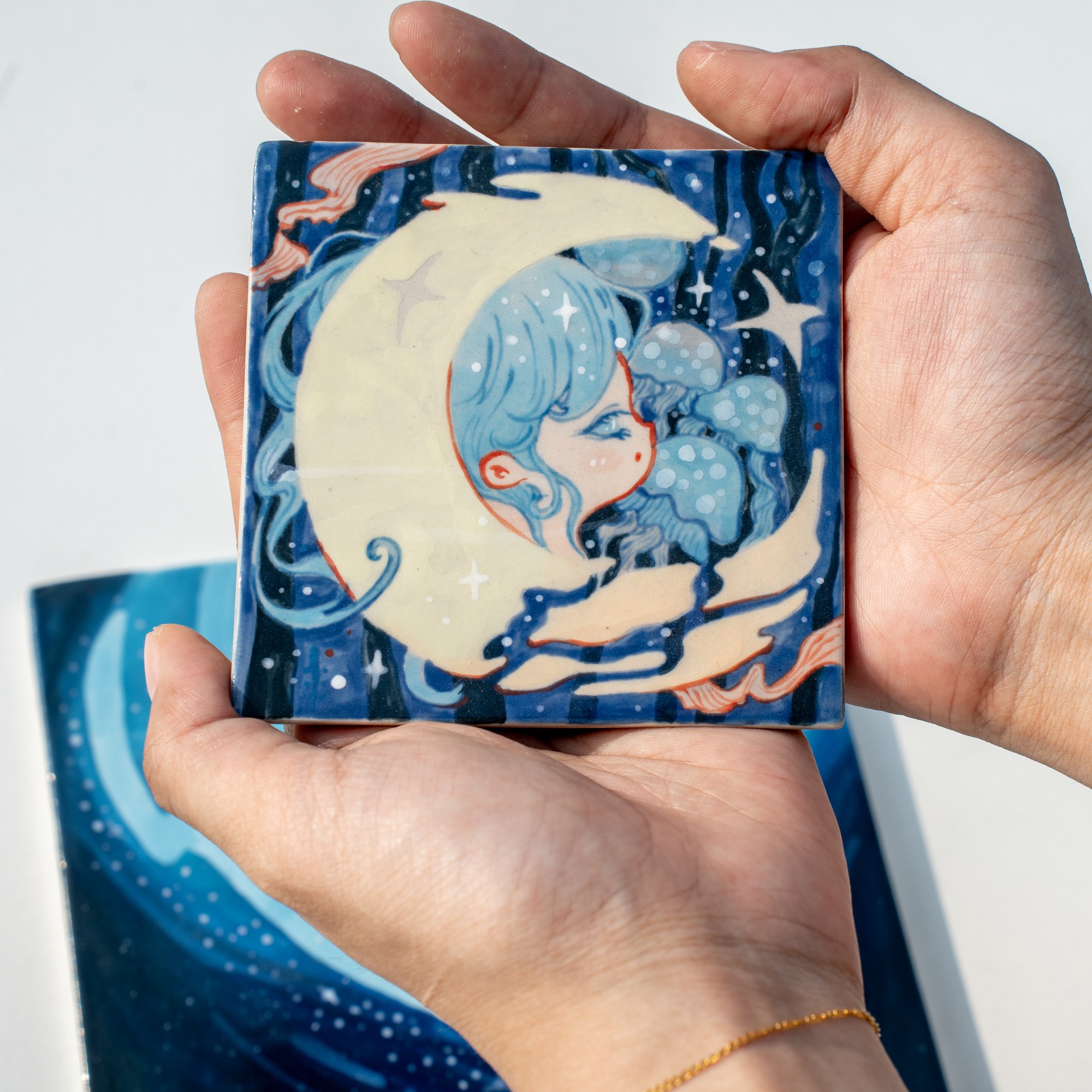 Hand-Painted Moon Ceramic Art Tile - Image 4