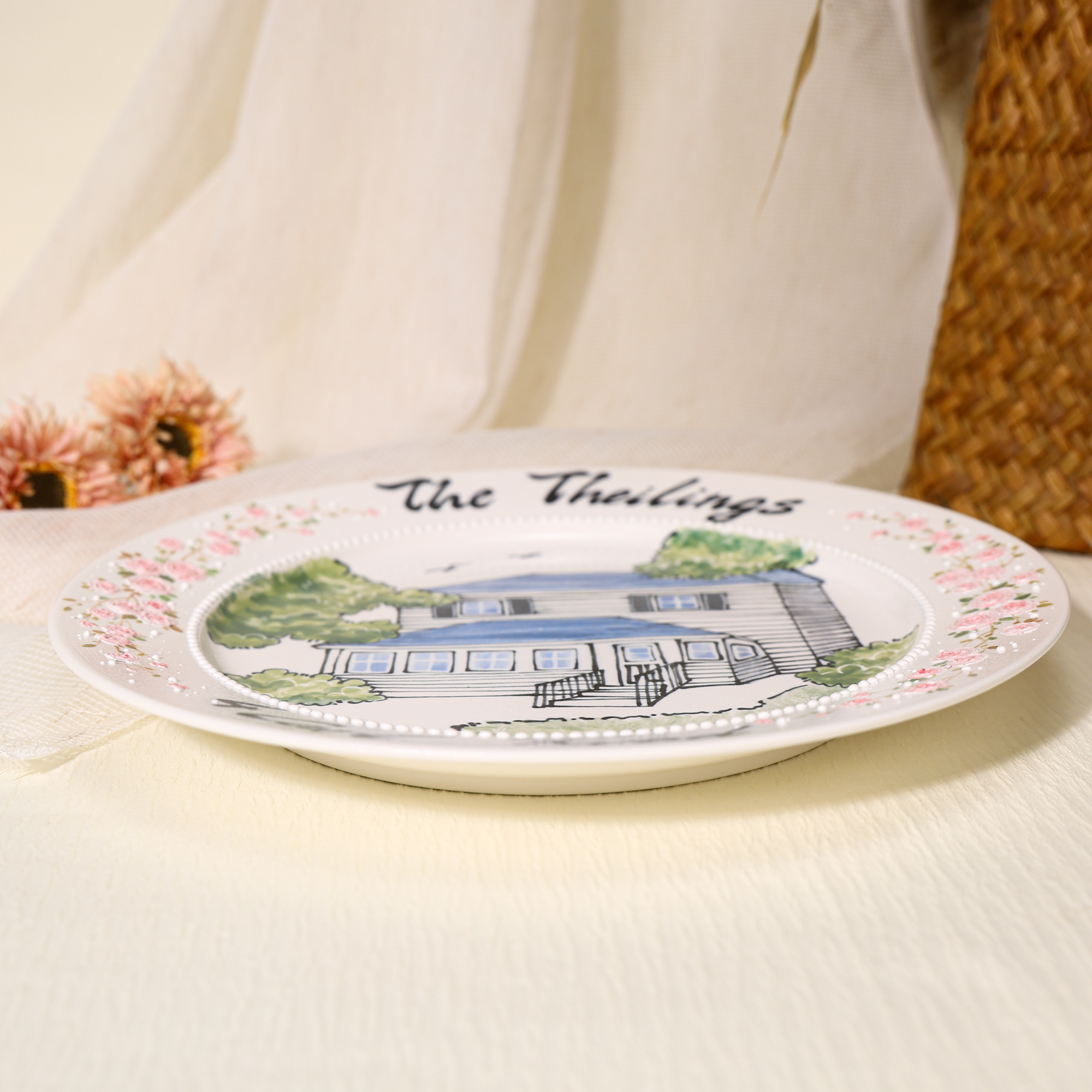 Custom Round House Portrait Plate with Pink Floral Border - Image 3