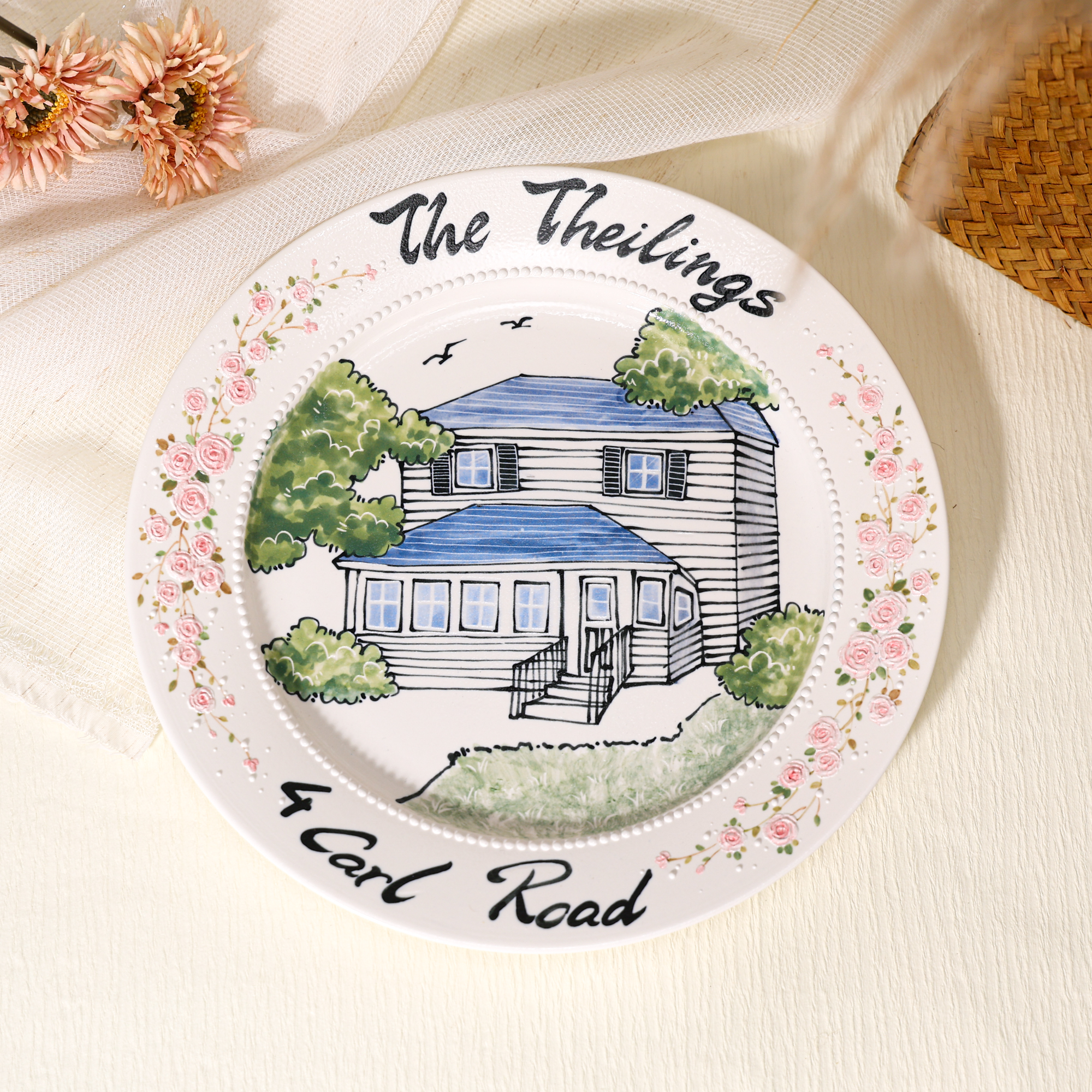 Custom Round House Portrait Plate with Pink Floral Border - Image 2