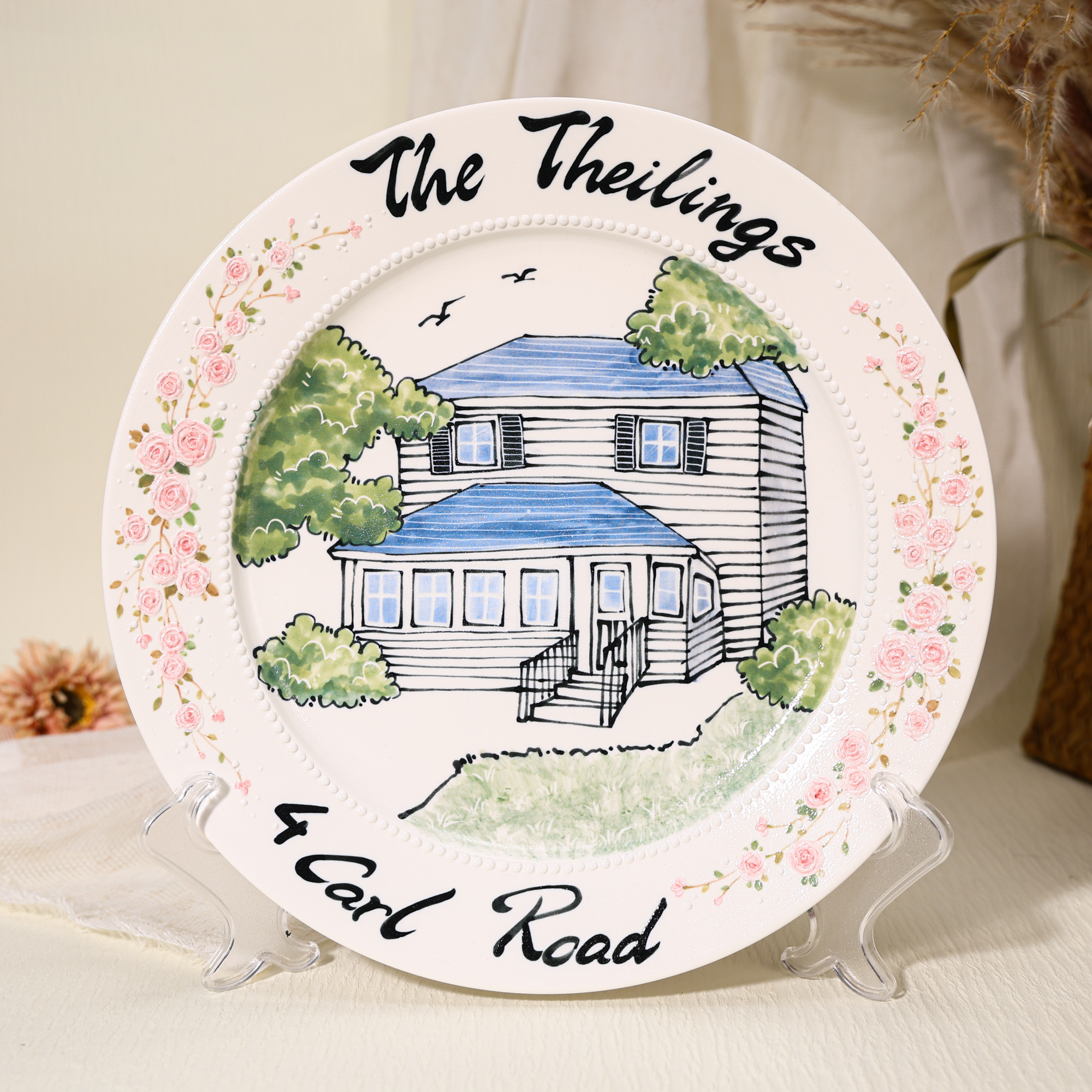 Custom Round House Portrait Plate with Pink Floral Border - Image 4