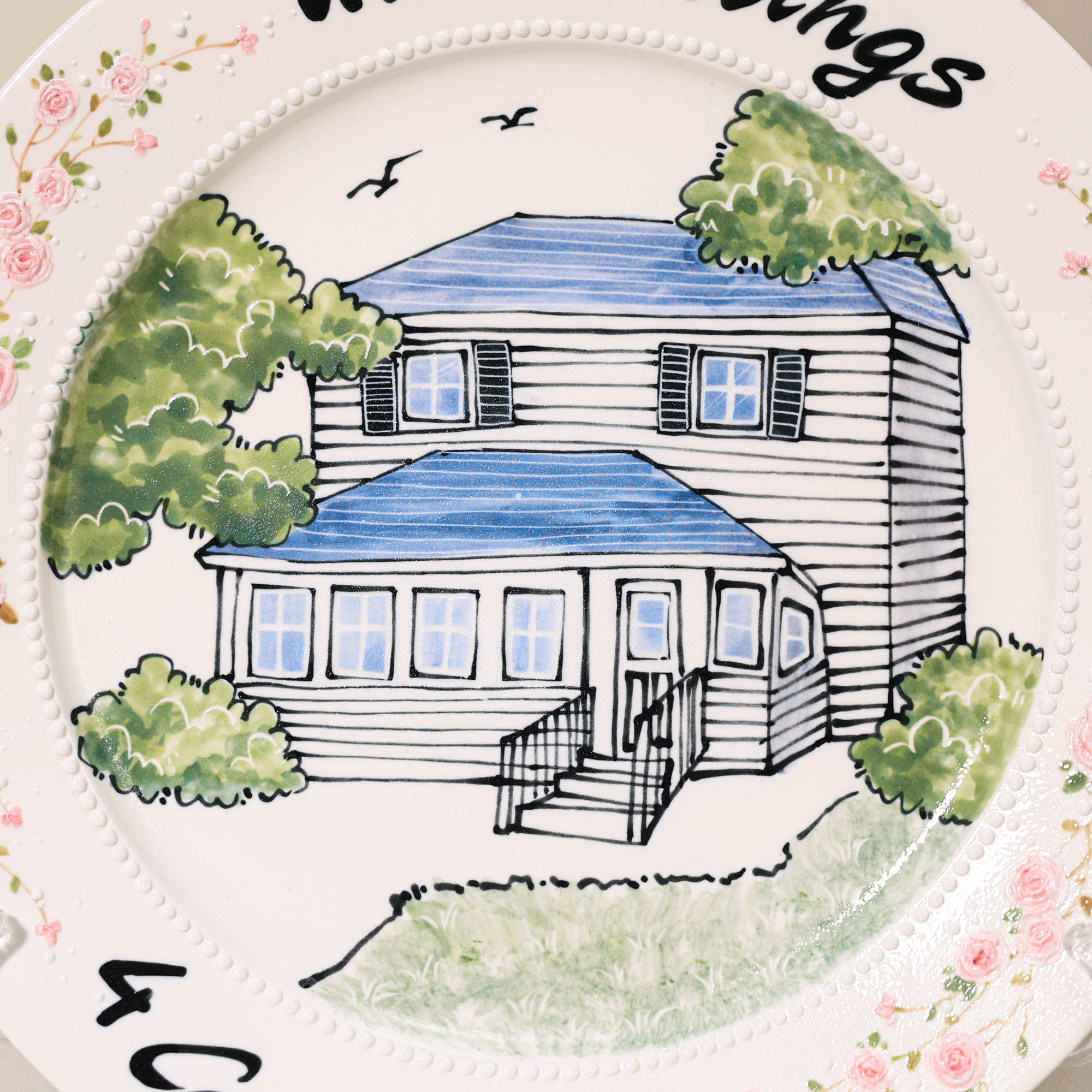 Custom Round House Portrait Plate with Pink Floral Border - Image 8