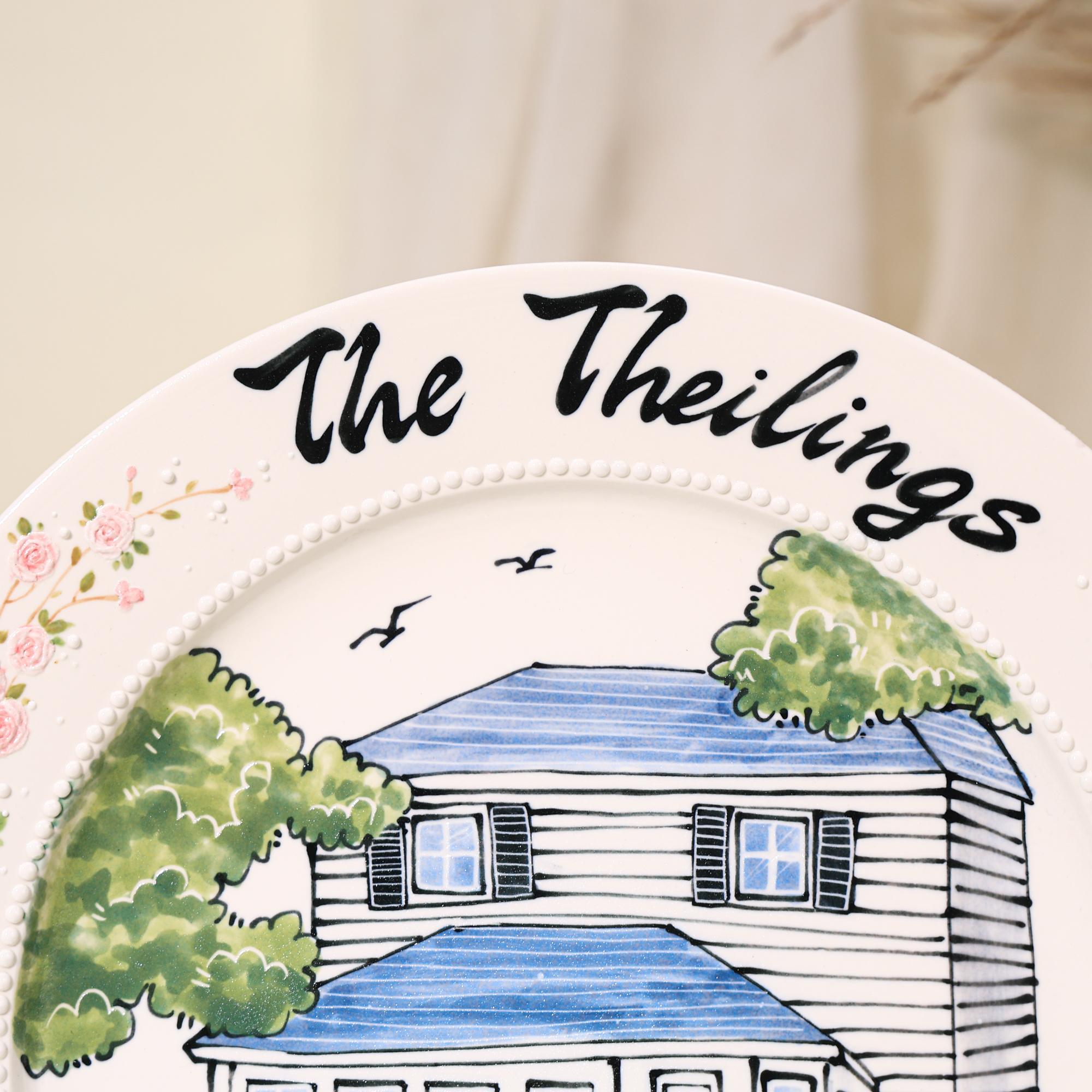 Custom Round House Portrait Plate with Pink Floral Border - Image 7