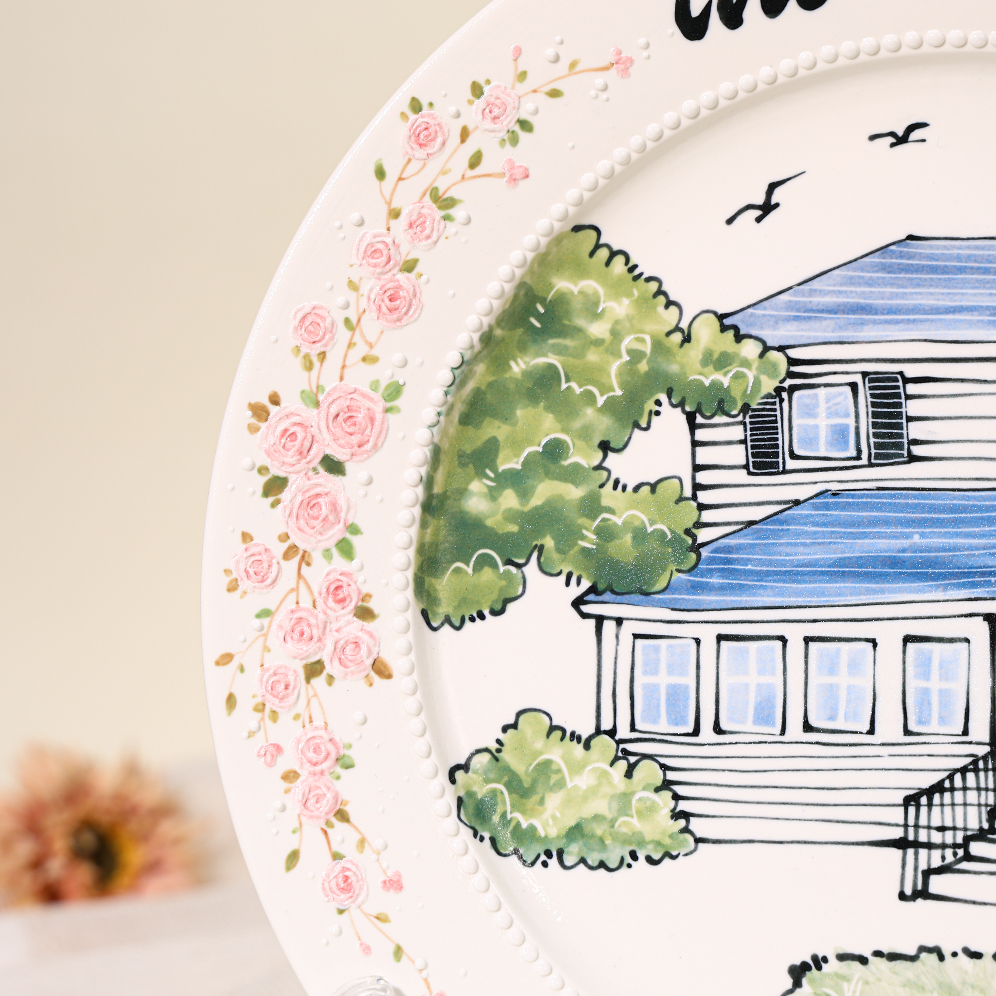 Custom Round House Portrait Plate with Pink Floral Border - Image 9