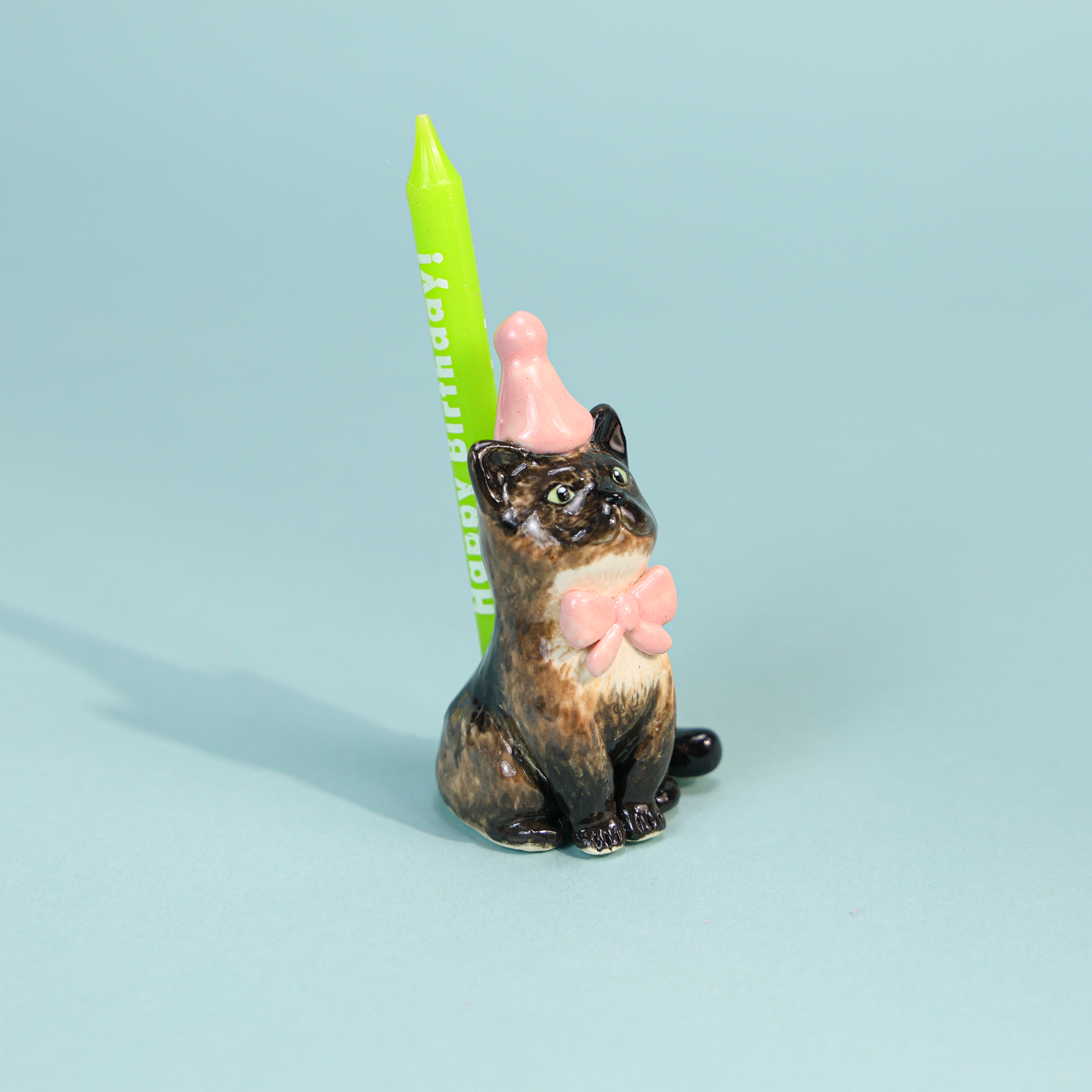 Hand-Painted Black Cat Cake Topper Candle Holder with Pink Party Hat - Image 4