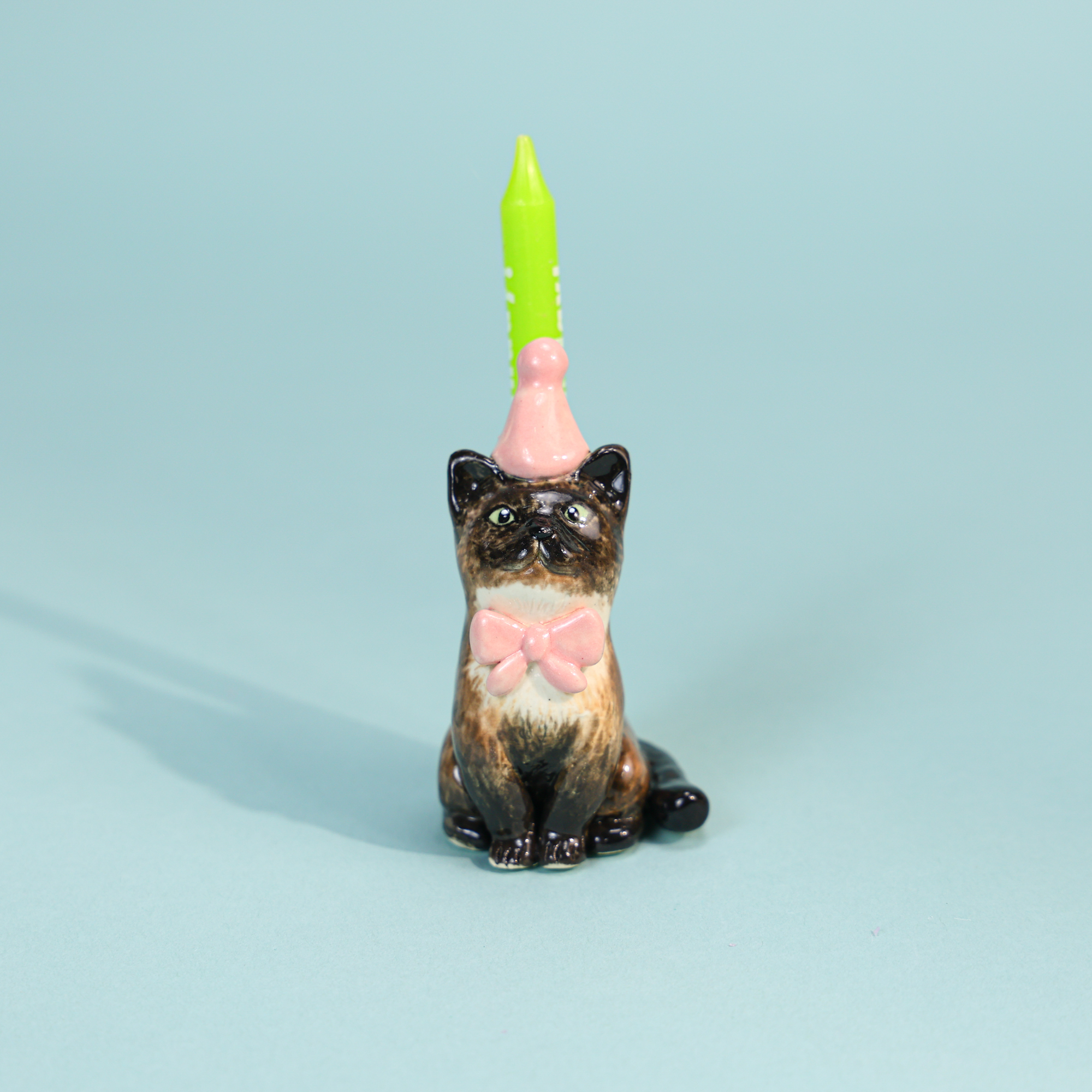 Hand-Painted Black Cat Cake Topper Candle Holder with Pink Party Hat - Image 5