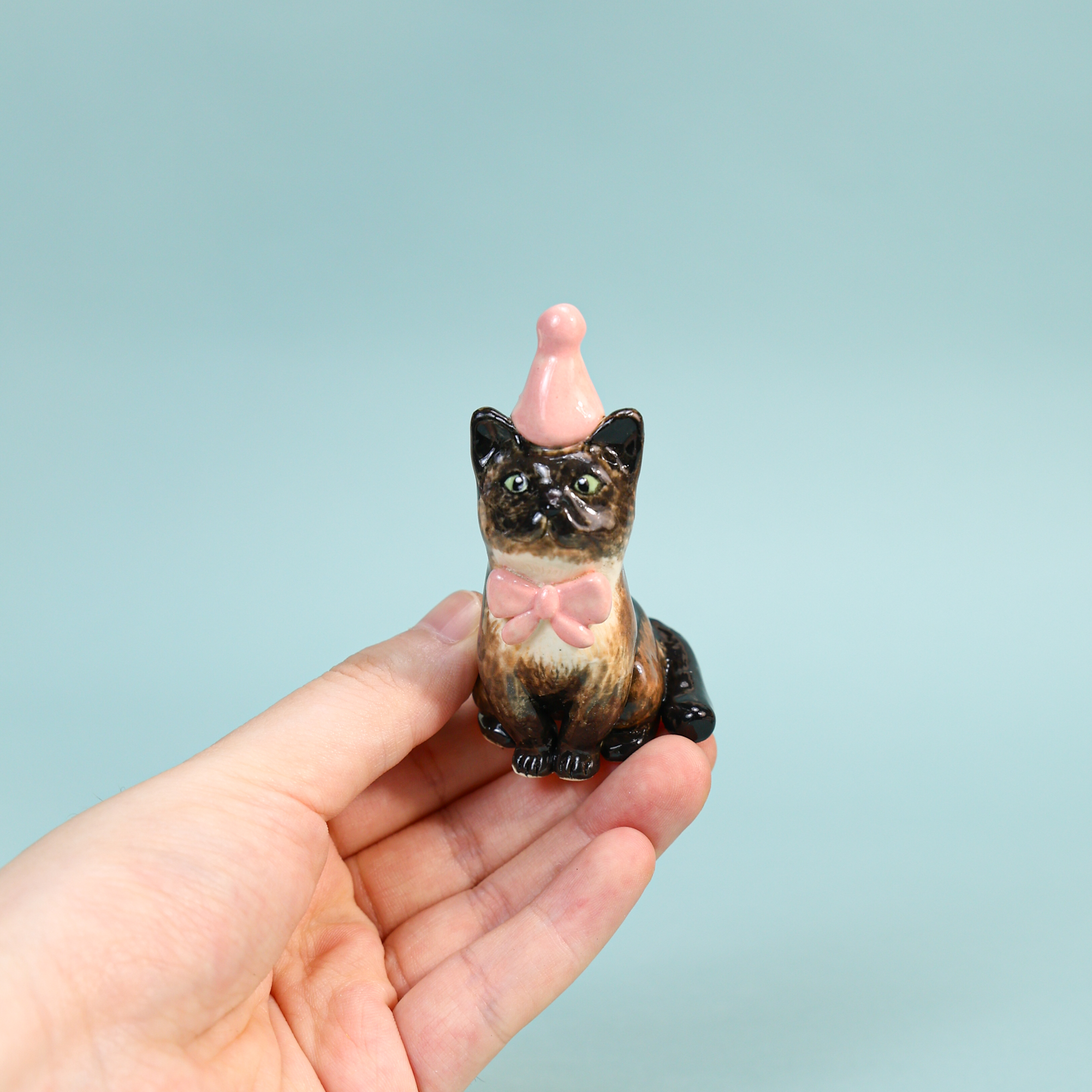 Hand-Painted Black Cat Cake Topper Candle Holder with Pink Party Hat - Image 6
