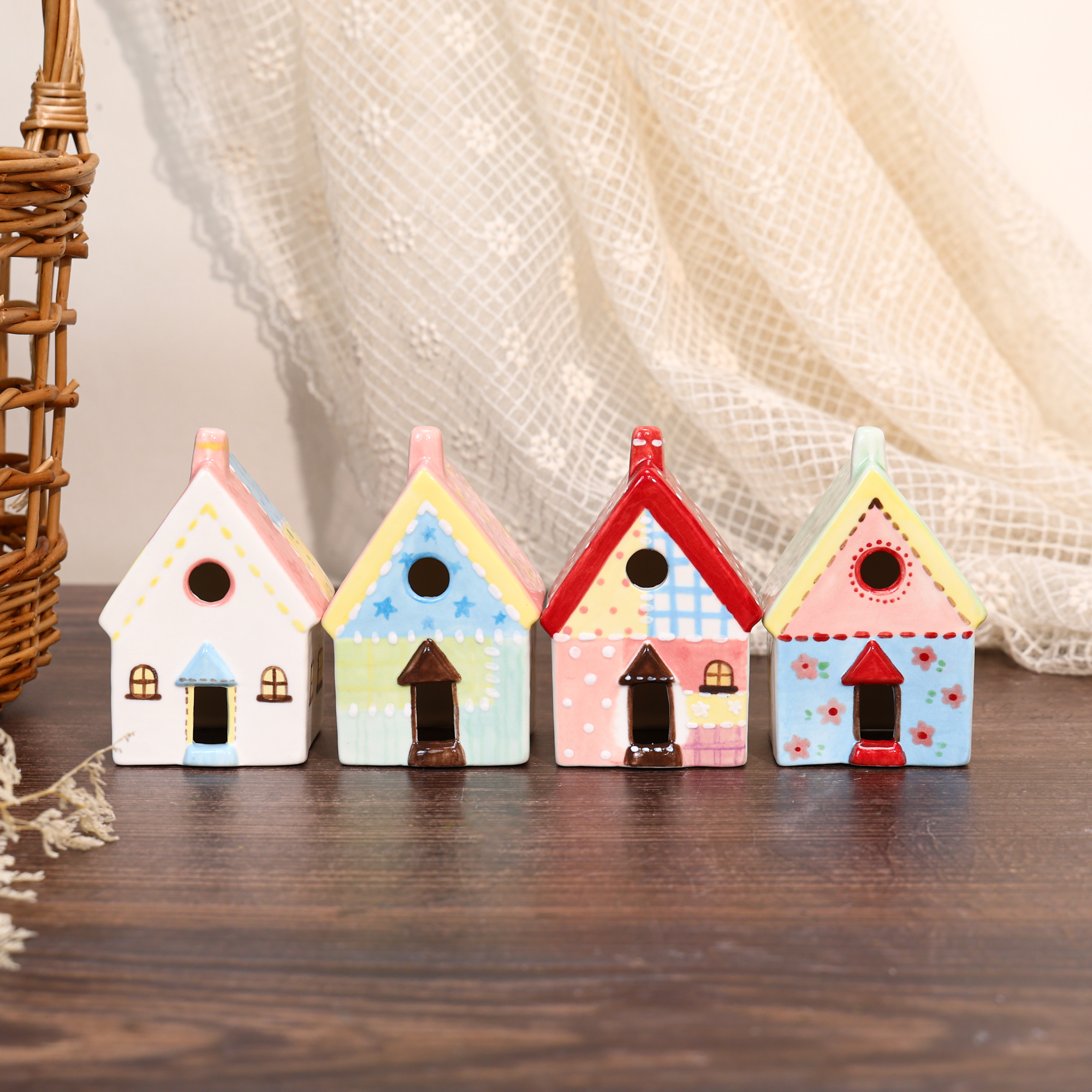 Pastel ceramic house ornament - detail view