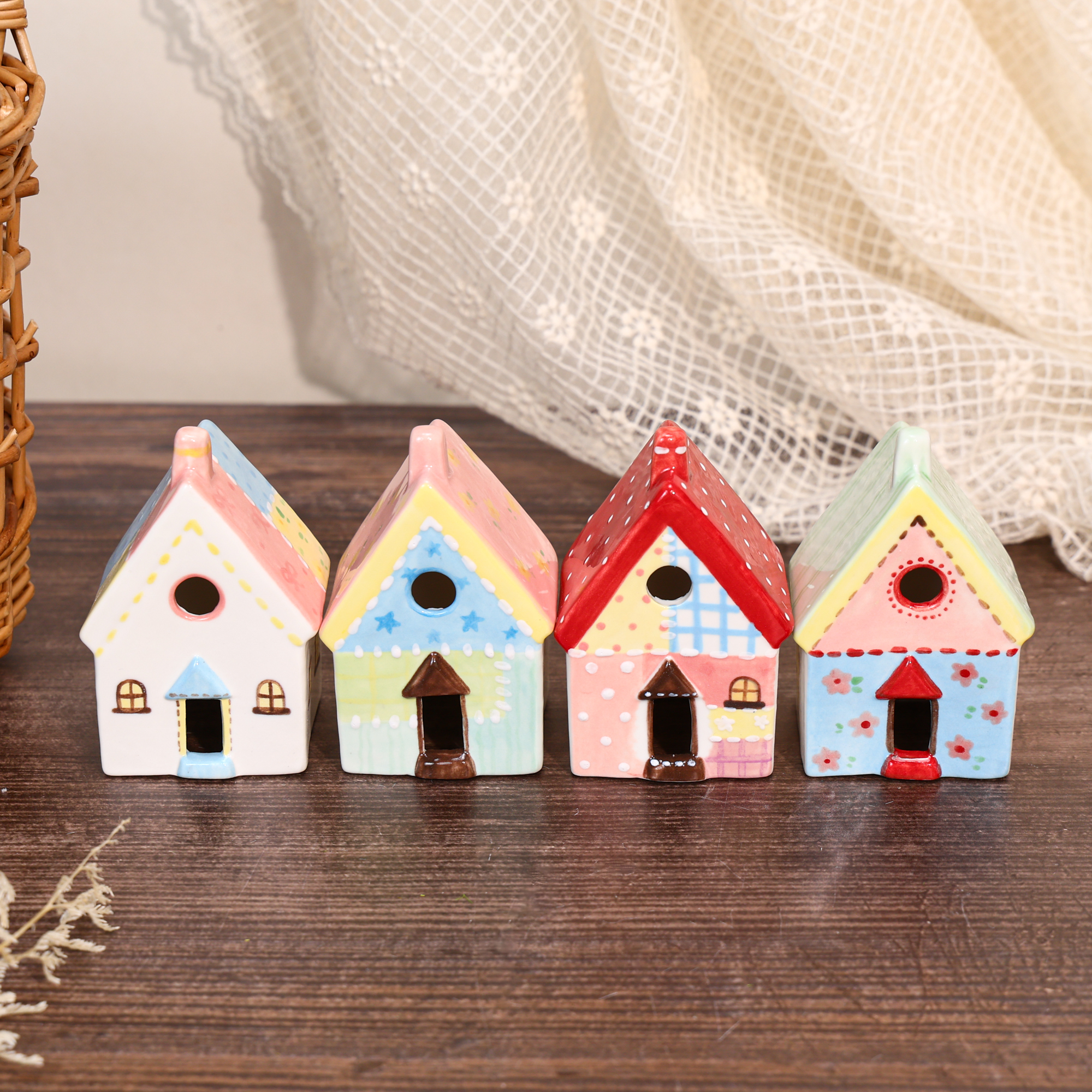 Hand-Painted Red Roof Patchwork Ceramic House Ornament - Image 9