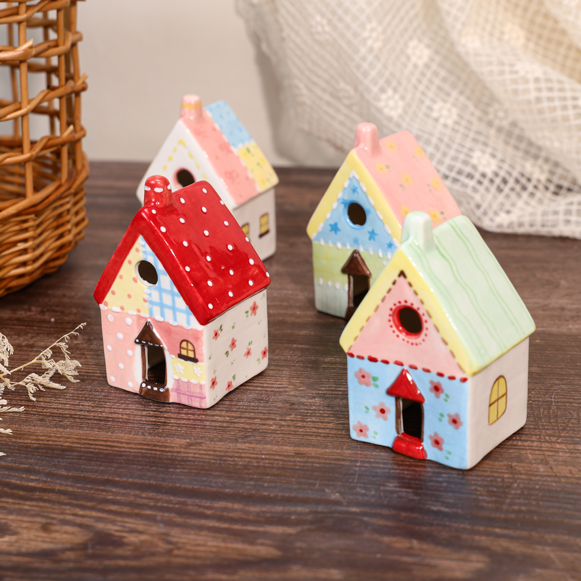 Pastel cottage ceramic house ornament - detail view