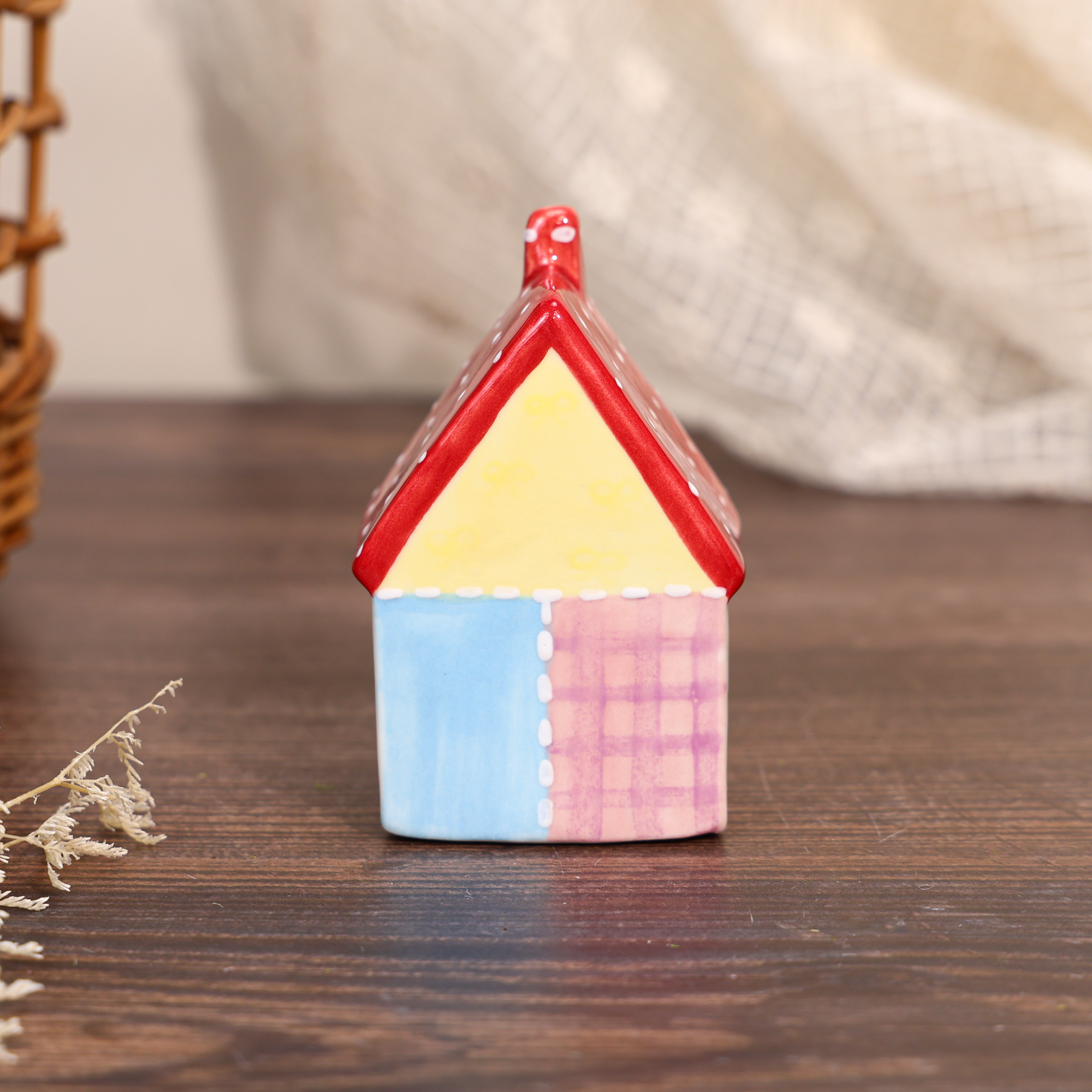 Hand-Painted Red Roof Patchwork Ceramic House Ornament - Image 6