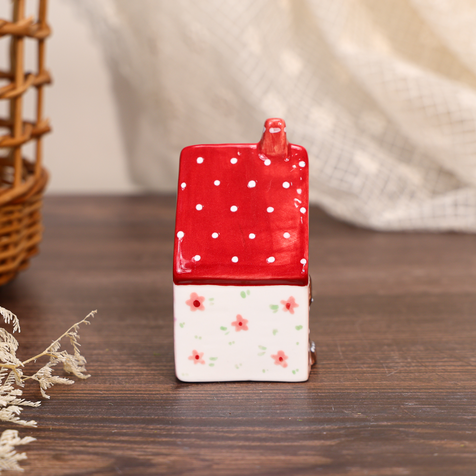Hand-Painted Red Roof Patchwork Ceramic House Ornament - Image 5