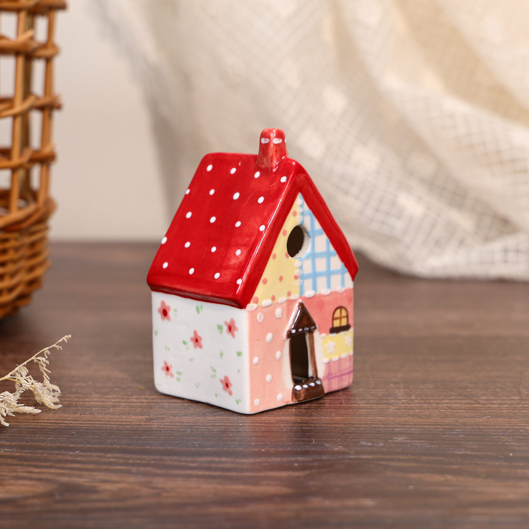 Hand-Painted Red Roof Patchwork Ceramic House Ornament - Image 4