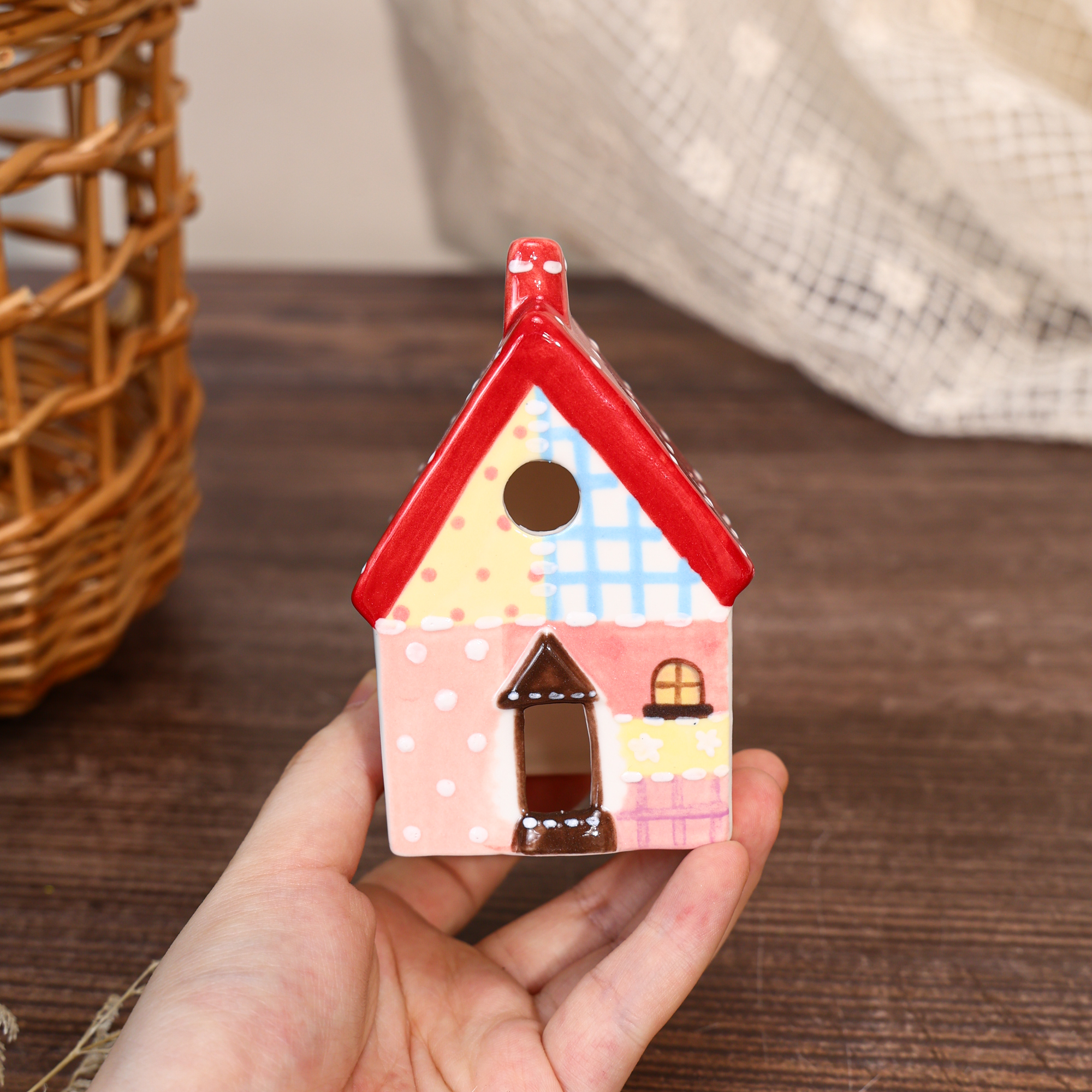 Hand-Painted Red Roof Patchwork Ceramic House Ornament - Image 3