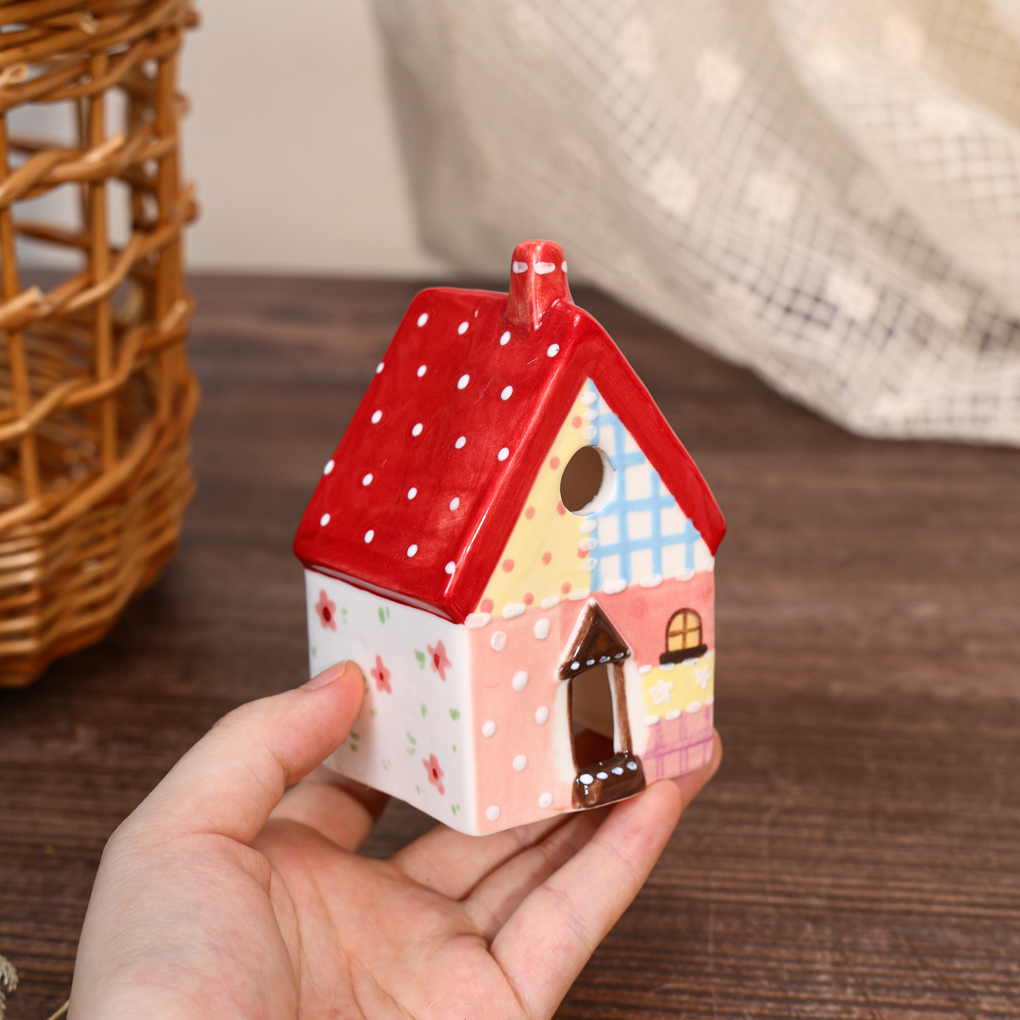 Hand-Painted Red Roof Patchwork Ceramic House Ornament - Image 2