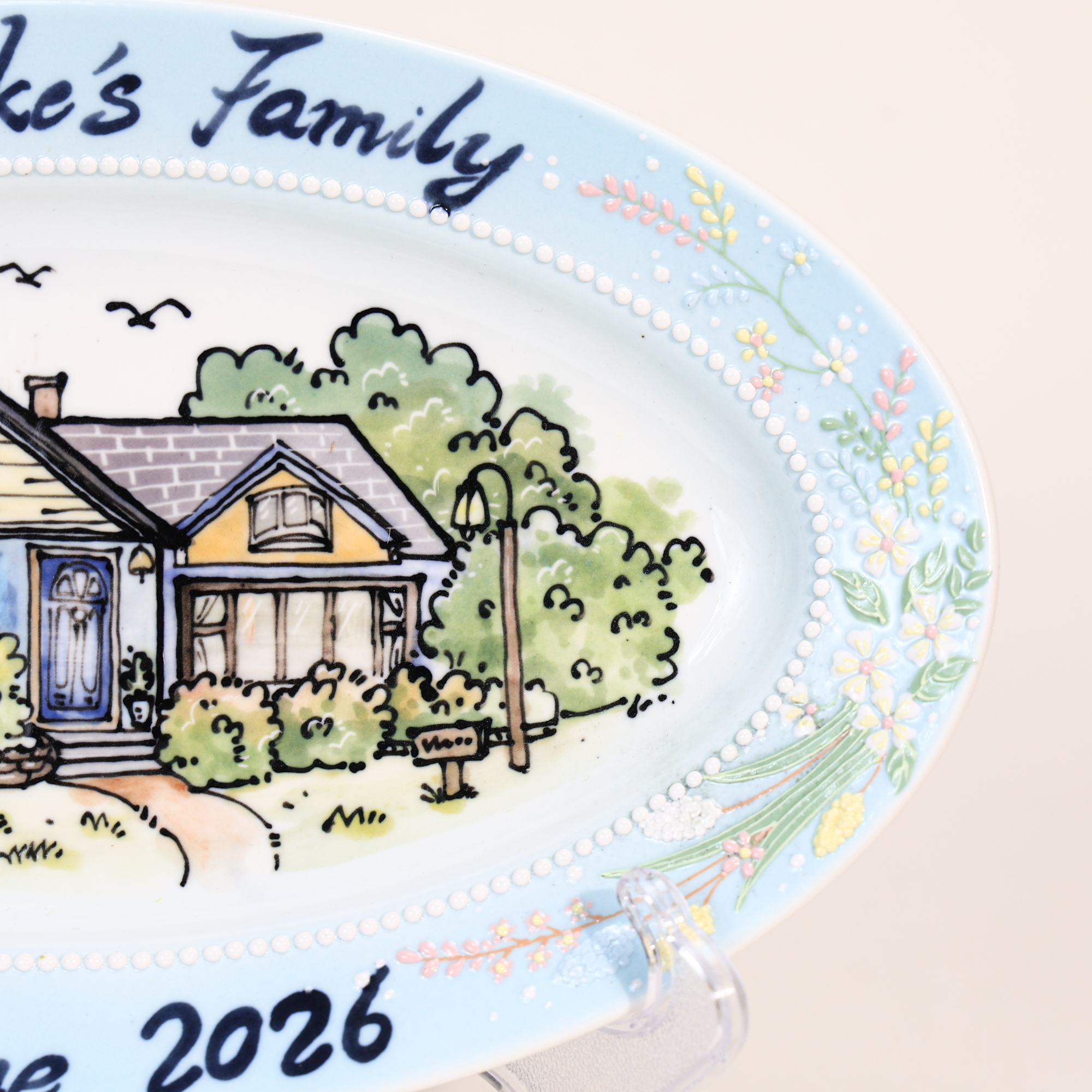 Custom Oval House Portrait Plate with Blue Floral Border - Image 12