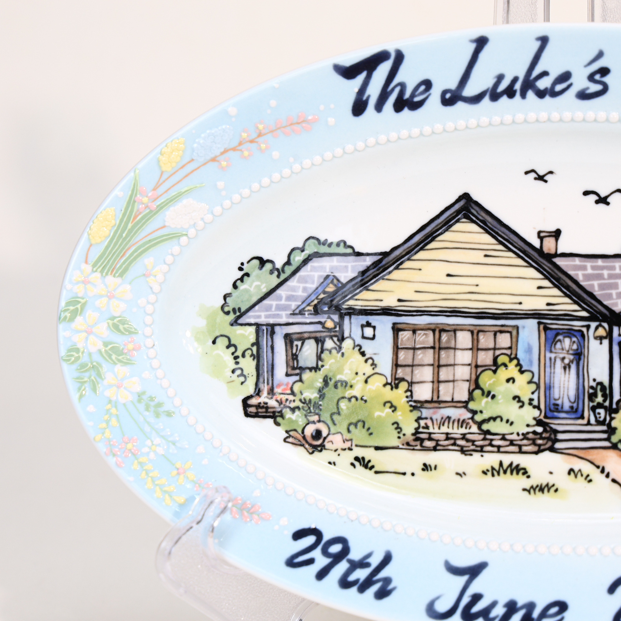 Custom Oval House Portrait Plate with Blue Floral Border - Image 11