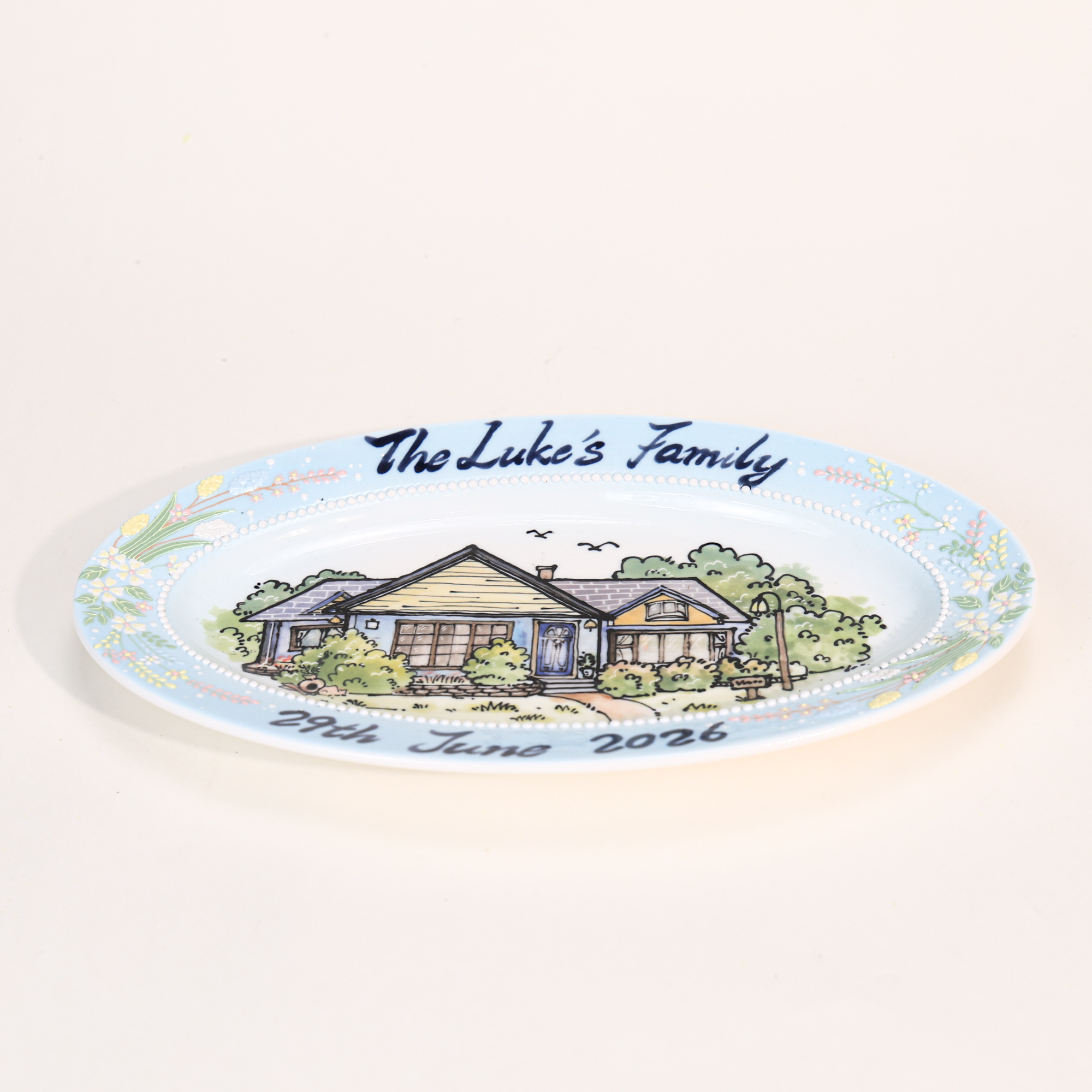 Custom Oval House Portrait Plate with Blue Floral Border - Image 9
