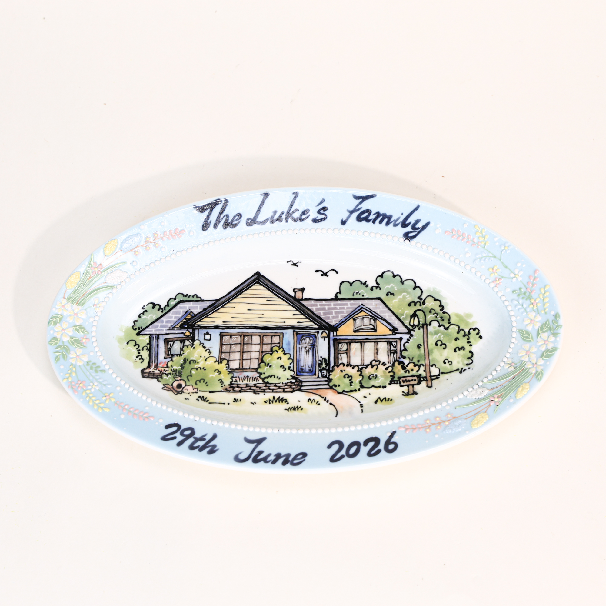 Custom Oval House Portrait Plate with Blue Floral Border - Image 8