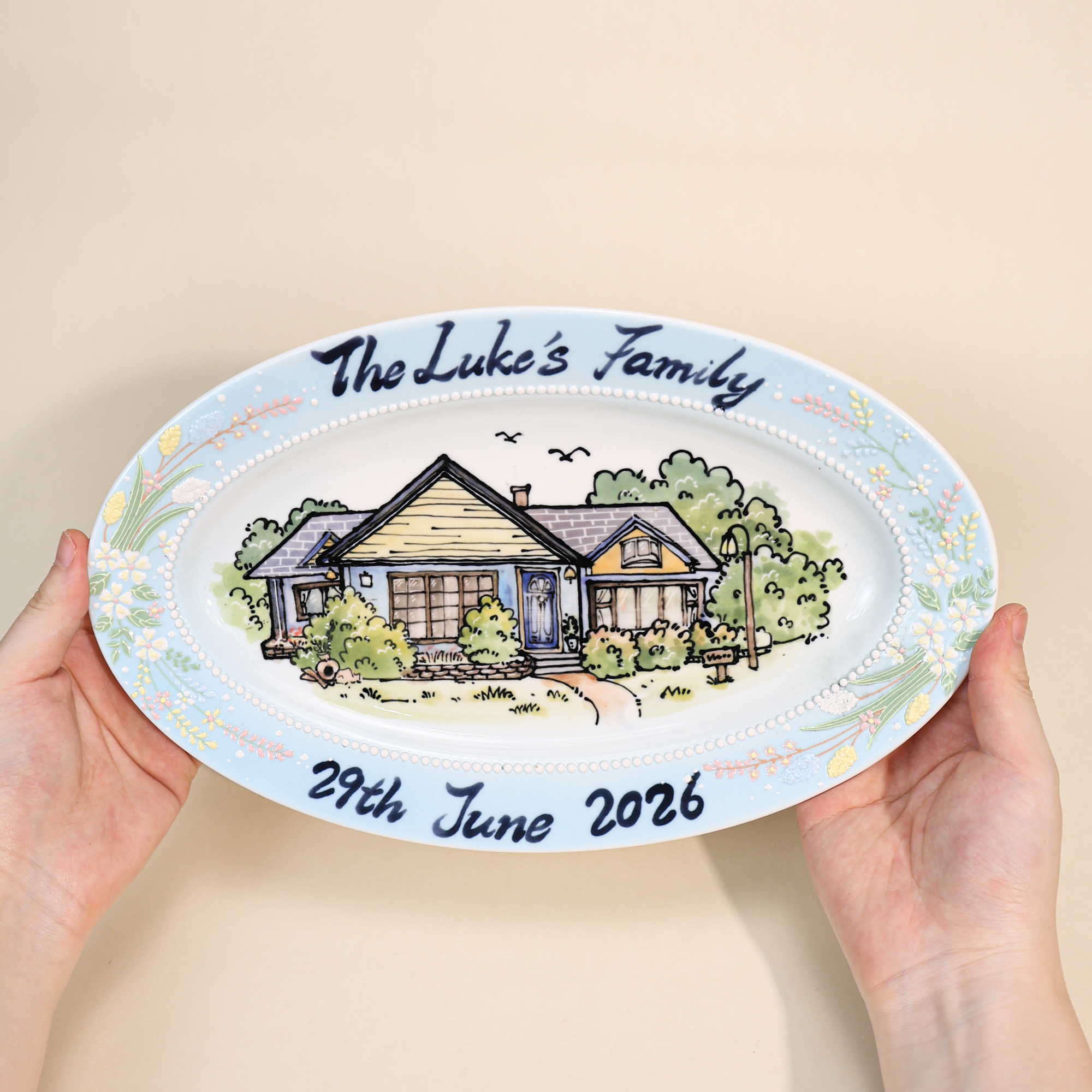 Custom Oval House Portrait Plate with Blue Floral Border - Image 7
