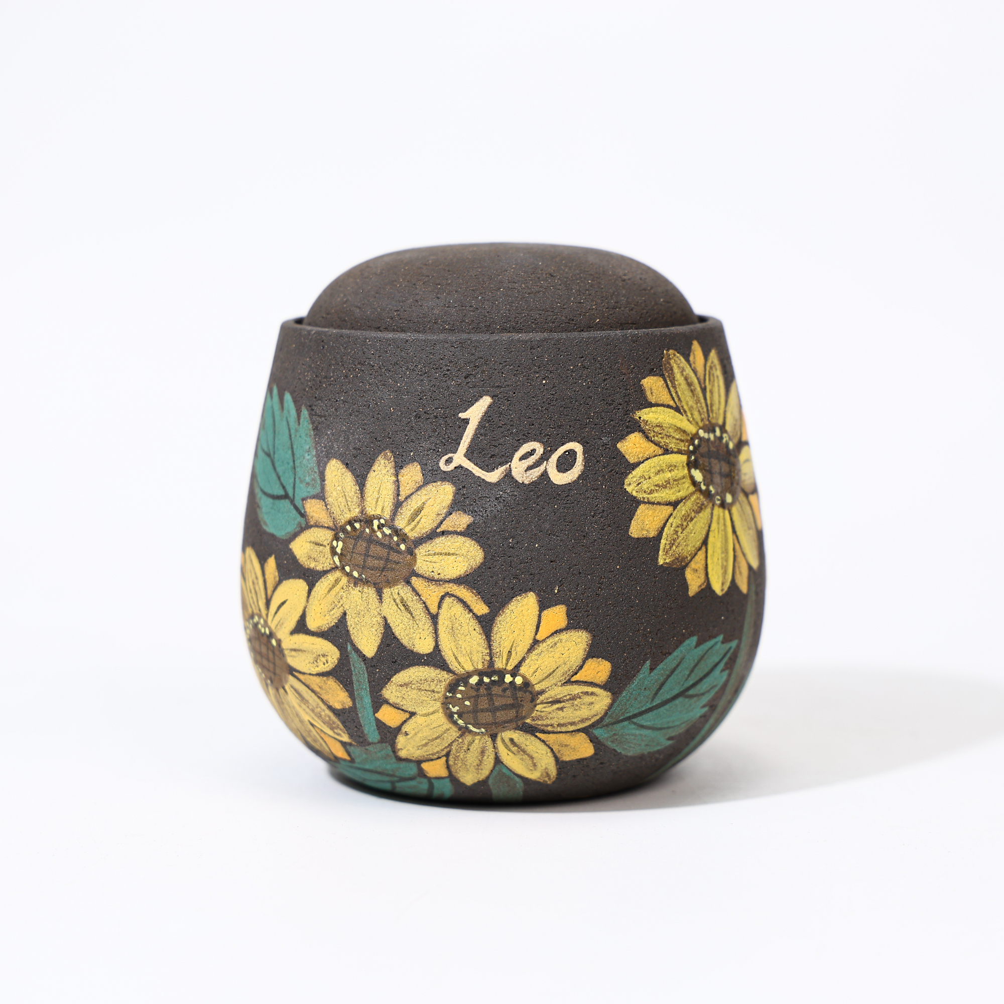 Personalized sunflower pet memorial jar with a custom name example and fitted lid