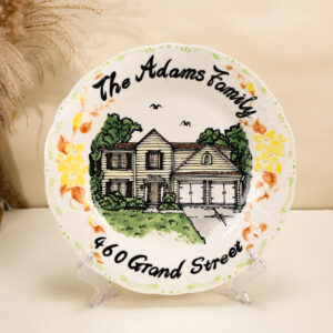 Custom scalloped house portrait plate with floral border, family name, and address