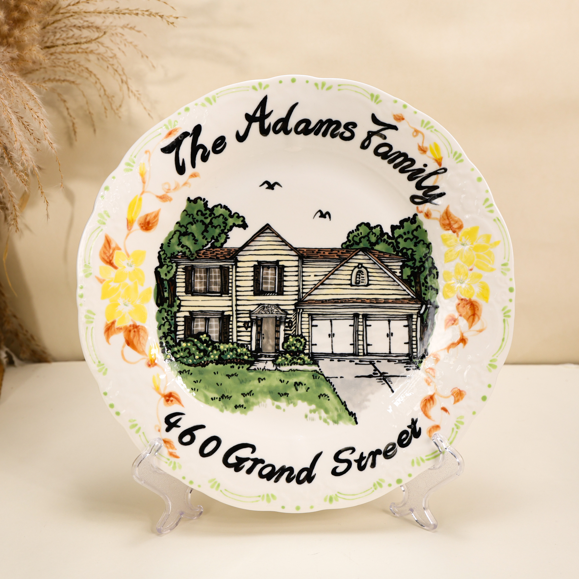 Custom scalloped house portrait plate with floral border, family name, and address