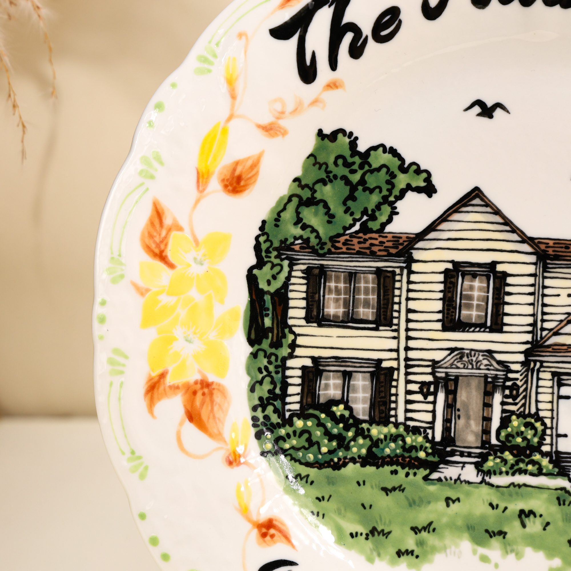 Custom Scalloped House Portrait Plate with Floral Border - Image 12
