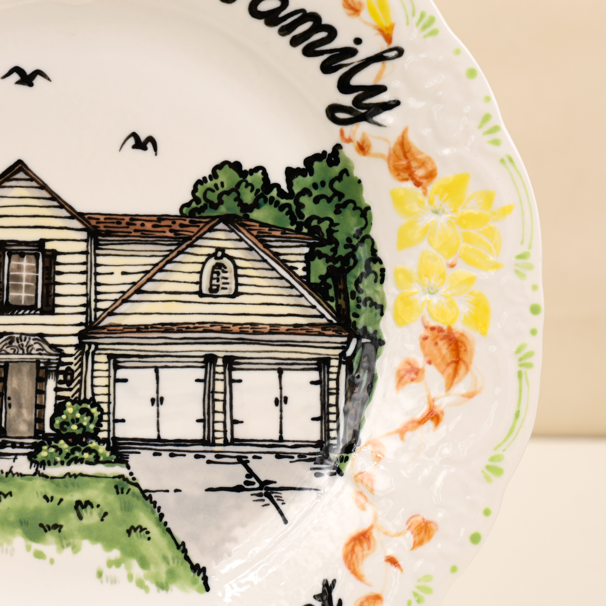 Custom Scalloped House Portrait Plate with Floral Border - Image 11