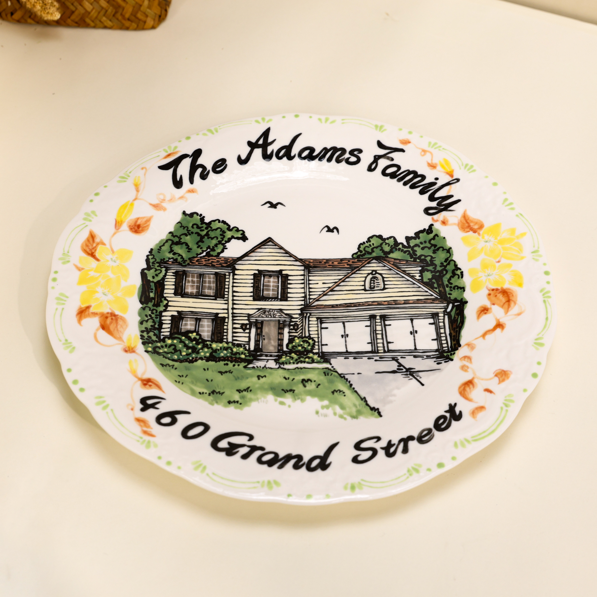 Custom Scalloped House Portrait Plate with Floral Border - Image 9