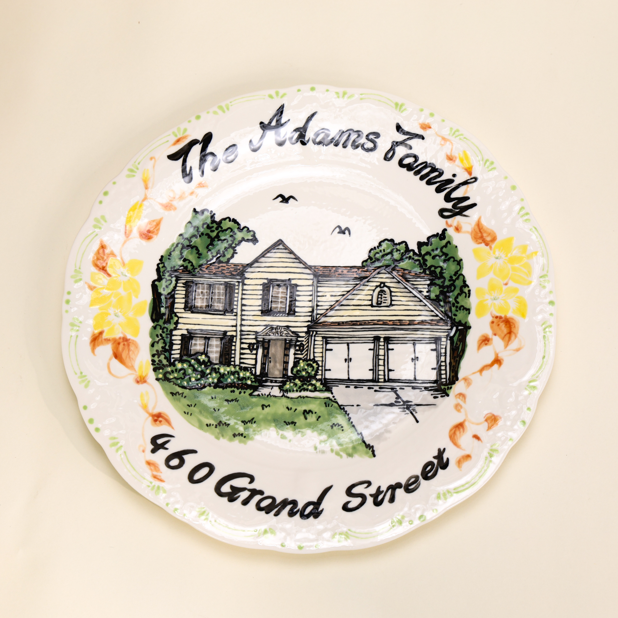Custom Scalloped House Portrait Plate with Floral Border - Image 8