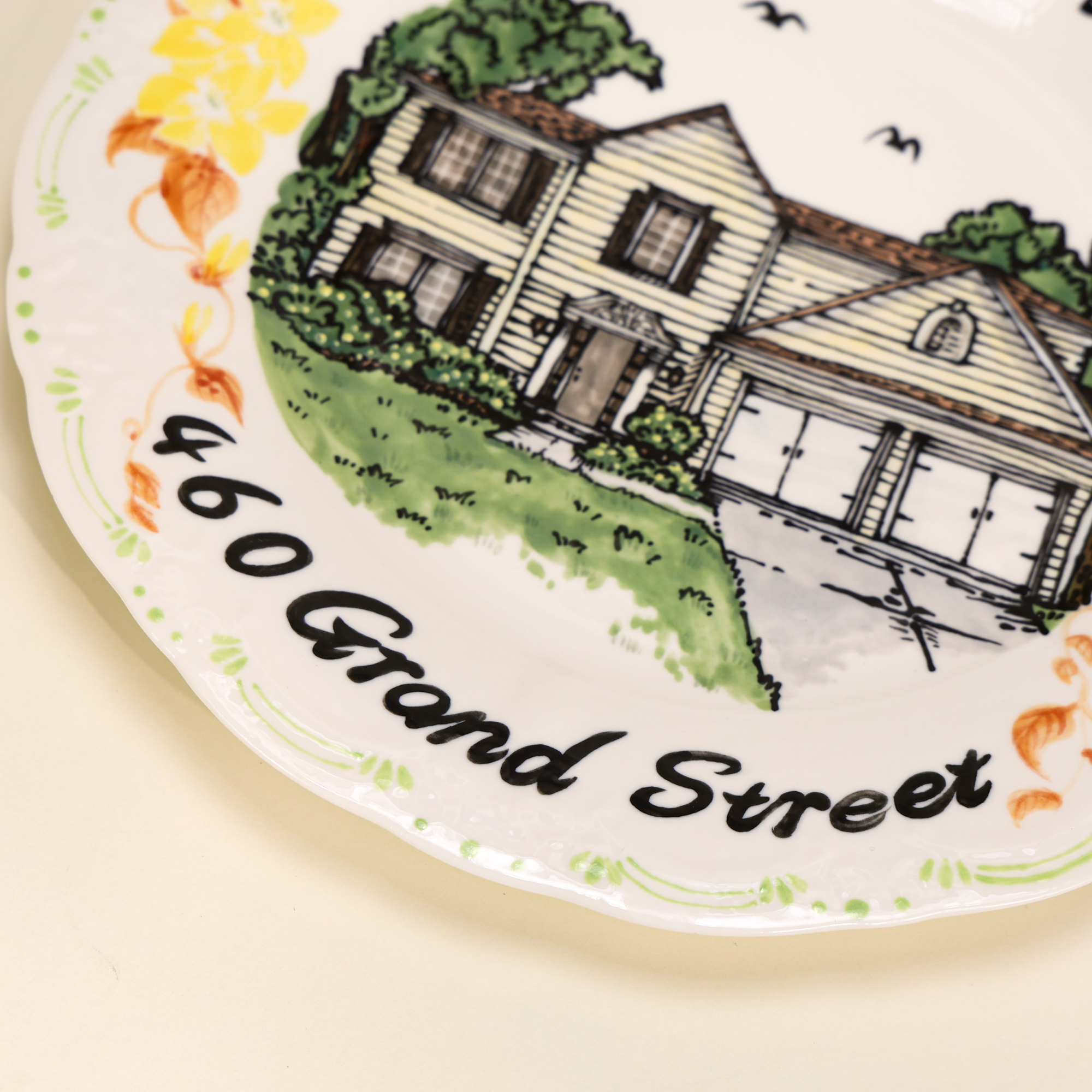 Custom Scalloped House Portrait Plate with Floral Border - Image 6