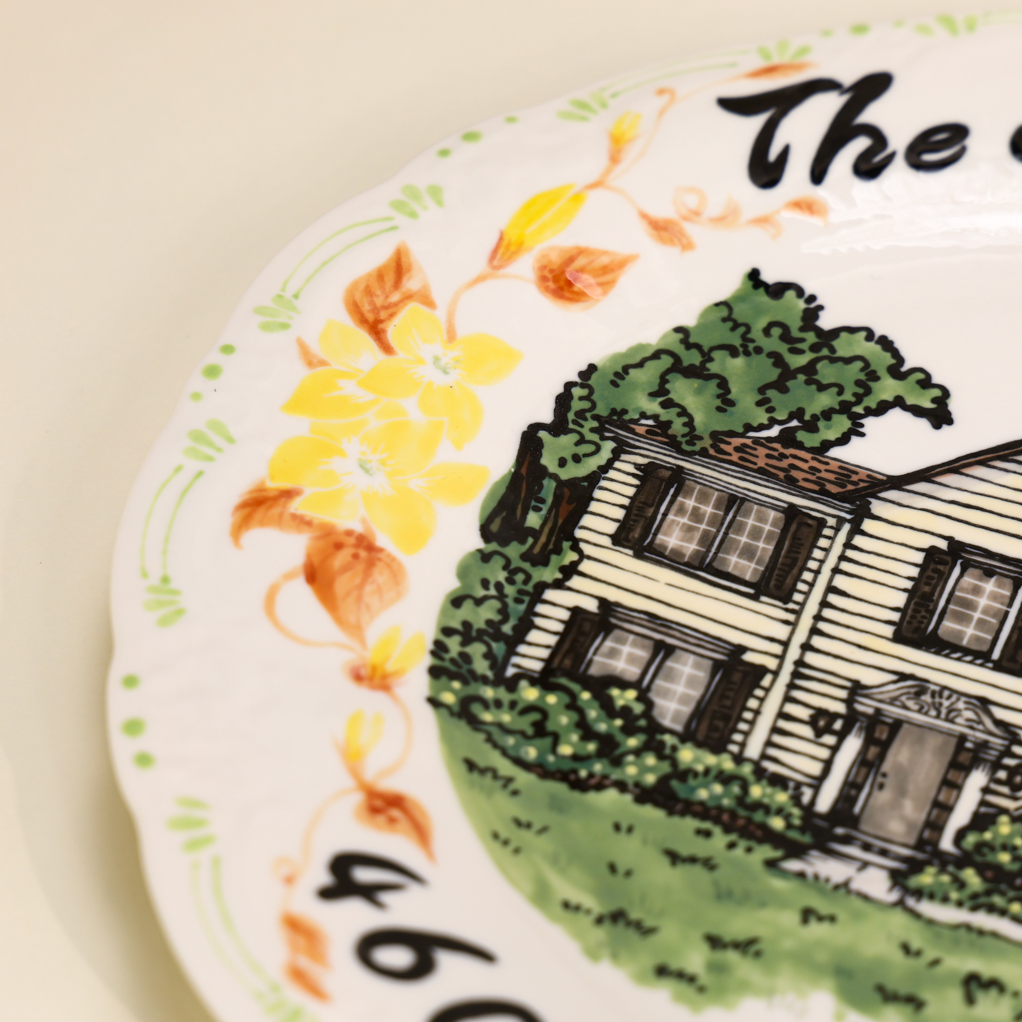 Custom Scalloped House Portrait Plate with Floral Border - Image 5