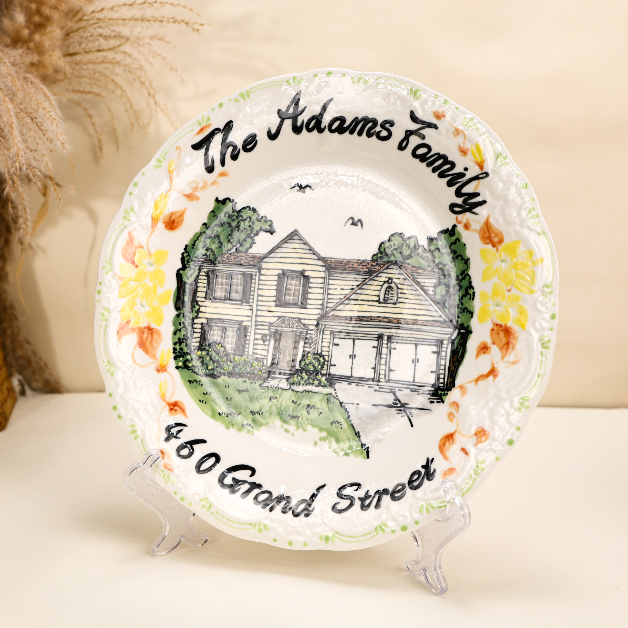 Custom Scalloped House Portrait Plate with Floral Border - Image 3