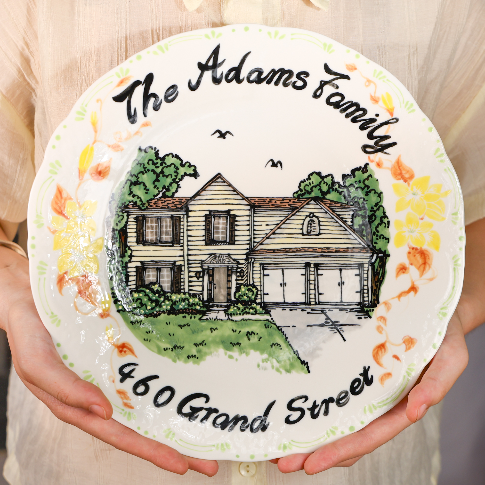 Custom Scalloped House Portrait Plate with Floral Border - Image 2