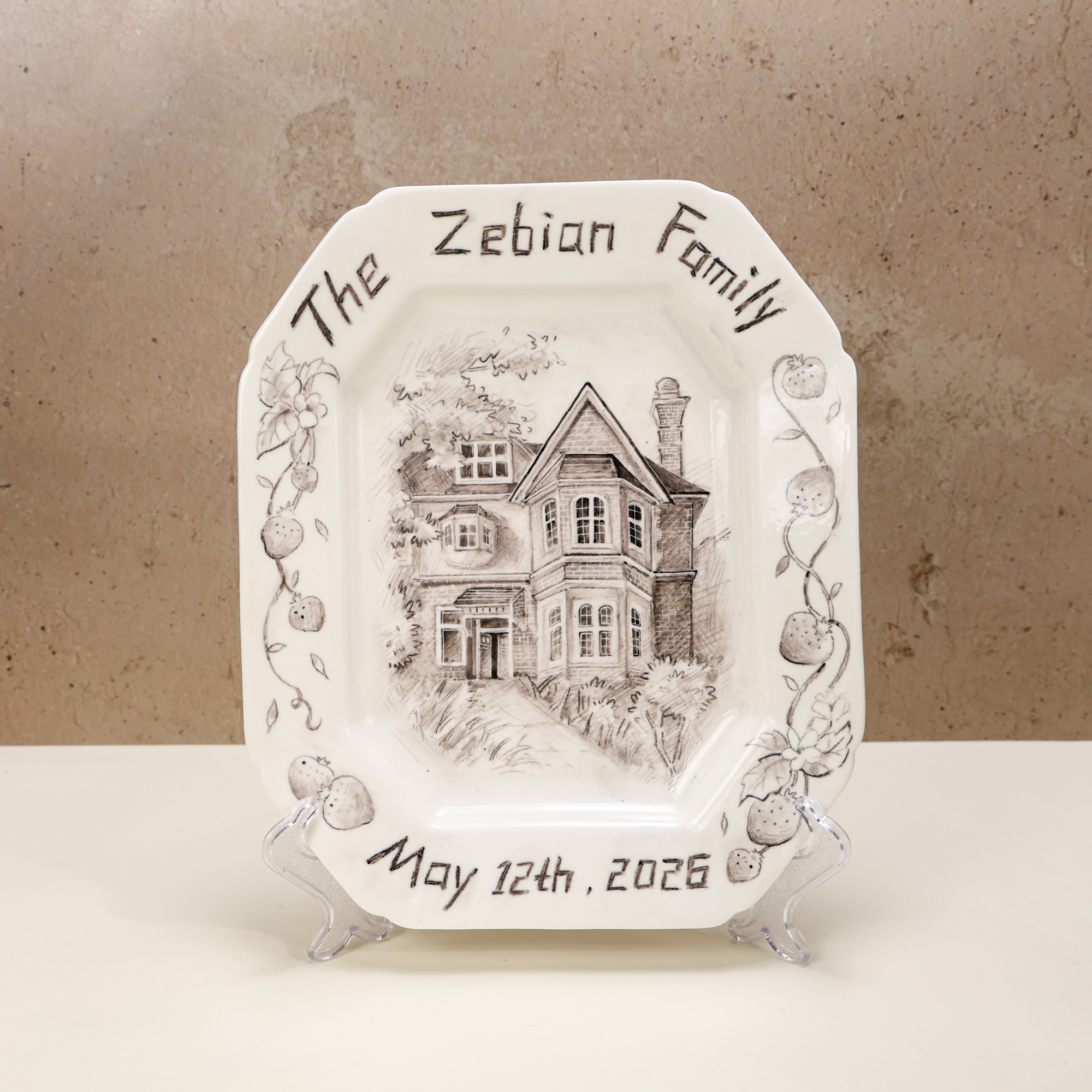 Personalized Strawberry Border House Portrait Porcelain Plate