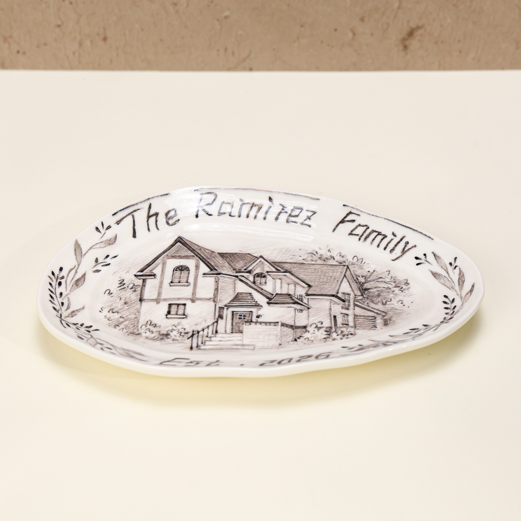 Custom Oval House Portrait Plate with Botanical Border