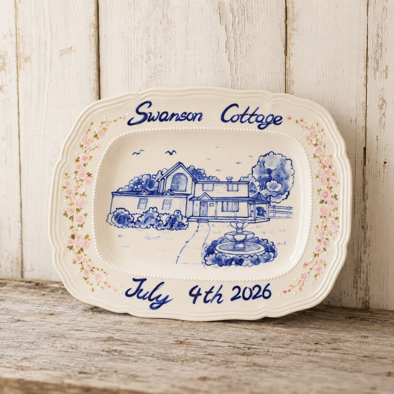 Custom Rectangular House Portrait Plate with Blue Floral Border - Image 2