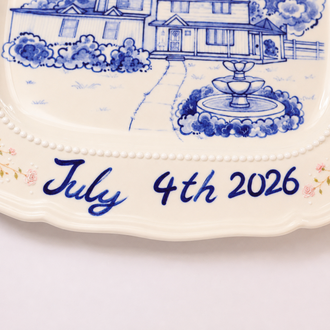 Custom Rectangular House Portrait Plate with Blue Floral Border - Image 7