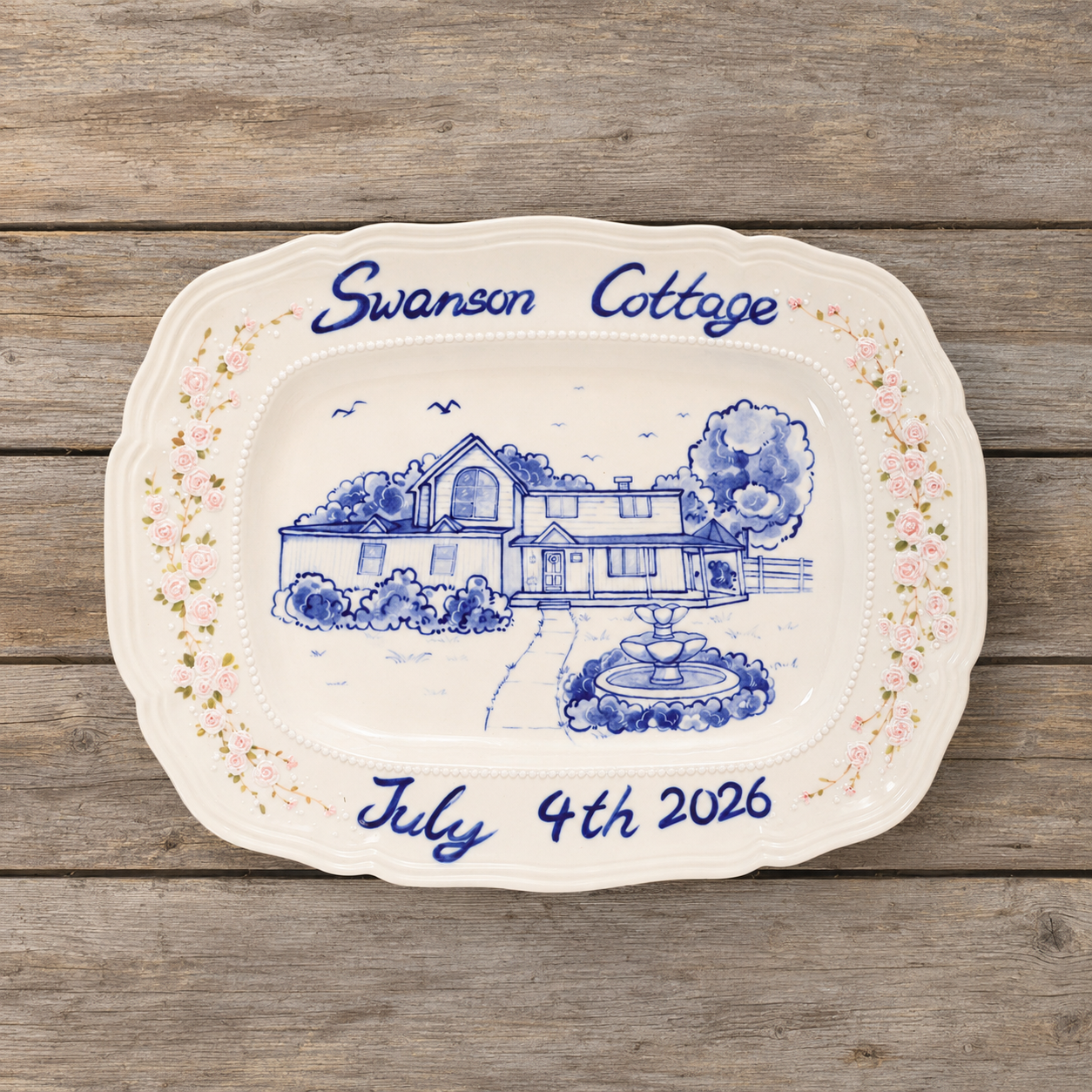 Custom rectangular house portrait plate with blue floral border - detail and angled view