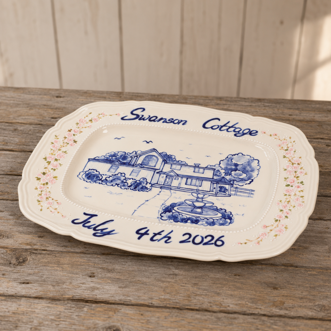 Custom Rectangular House Portrait Plate with Blue Floral Border - Image 6