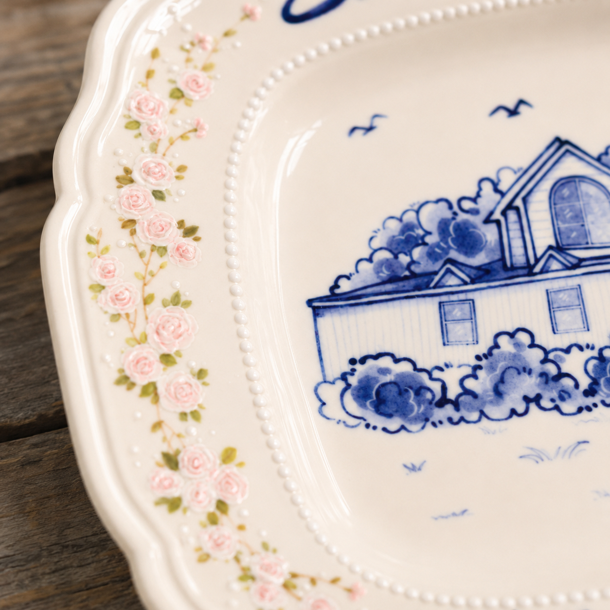 Custom Rectangular House Portrait Plate with Blue Floral Border - Image 8