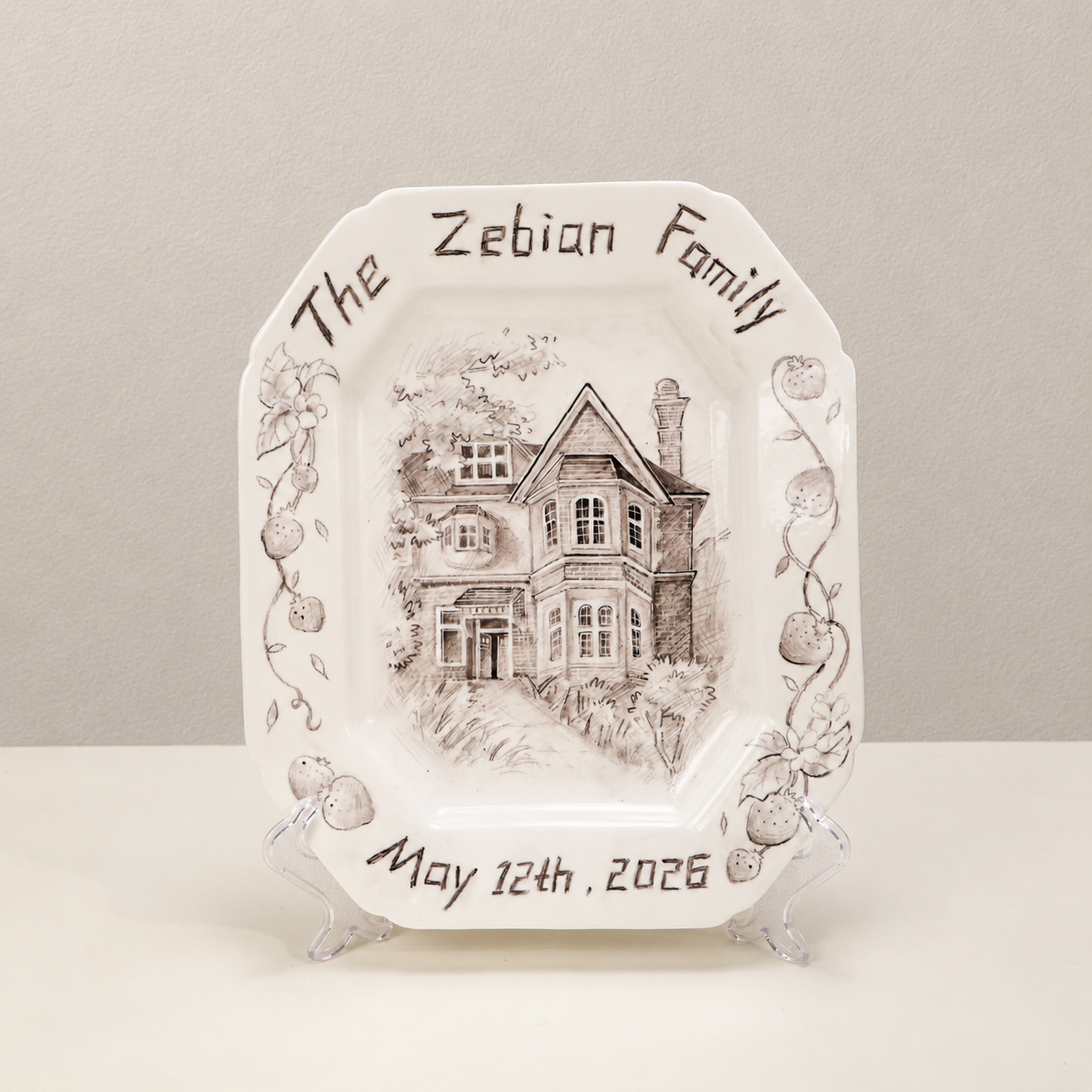 Personalized Strawberry Border House Portrait Porcelain Plate - Image 3