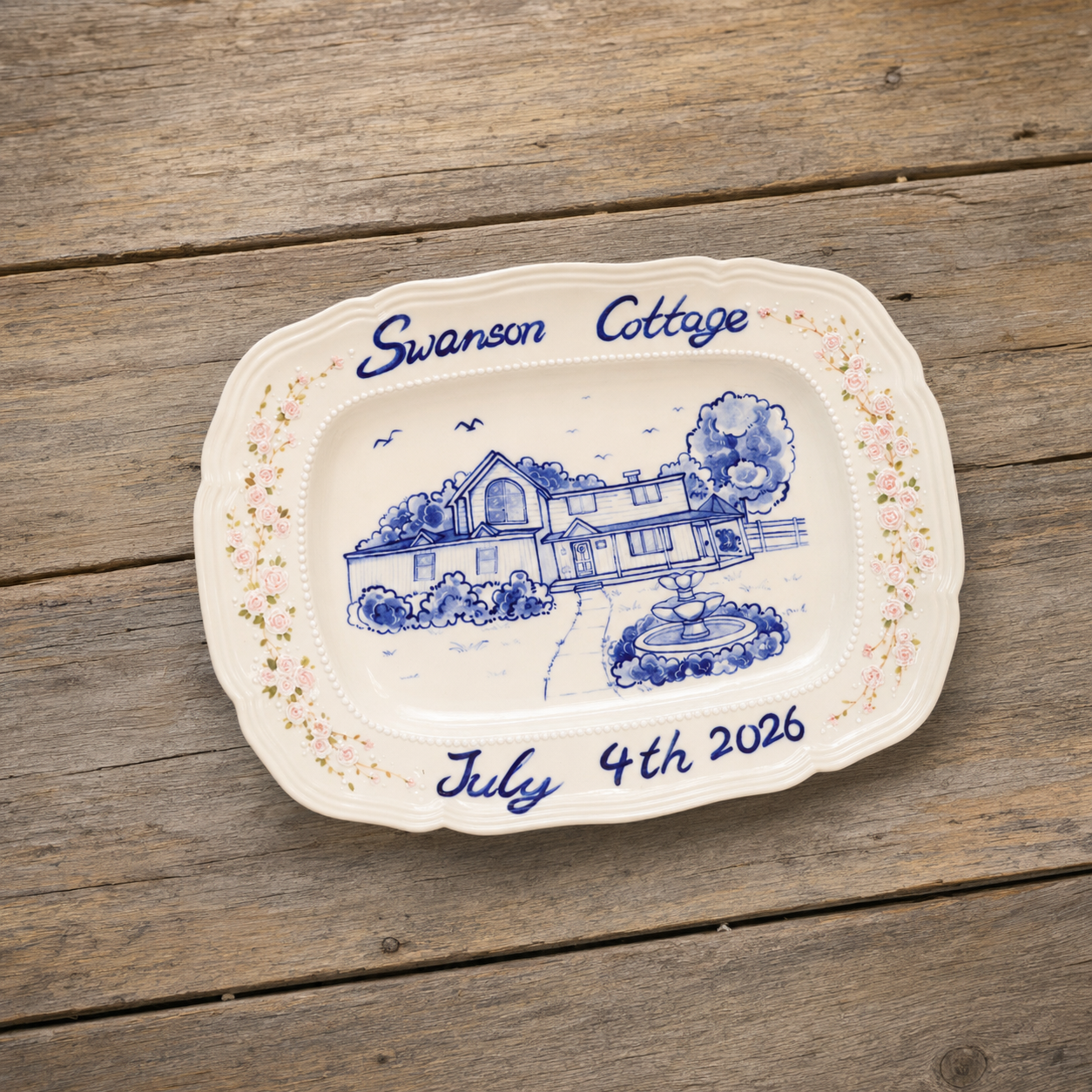 Custom Rectangular House Portrait Plate with Blue Floral Border - Image 5