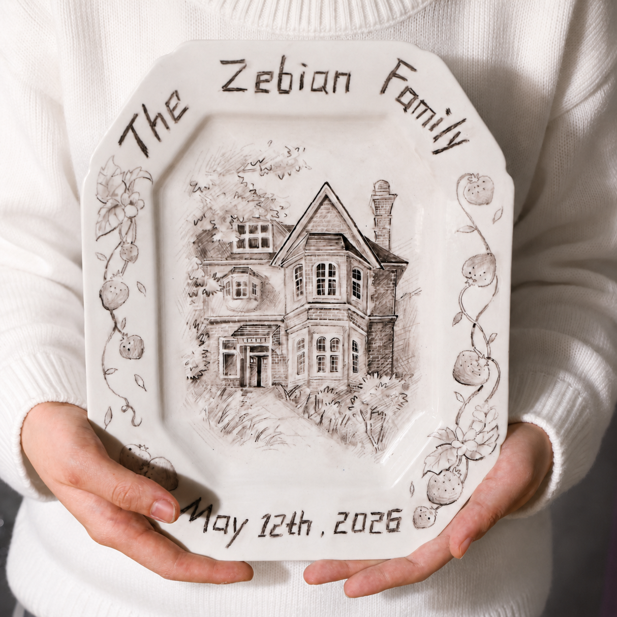 Personalized Strawberry Border House Portrait Porcelain Plate - Image 2