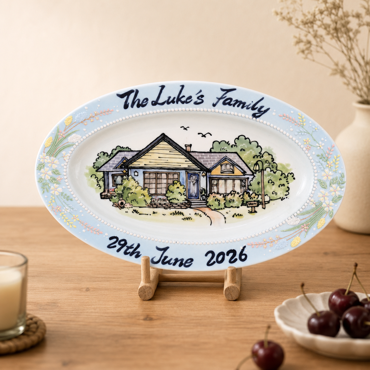 Custom Oval House Portrait Plate with Blue Floral Border - Image 4