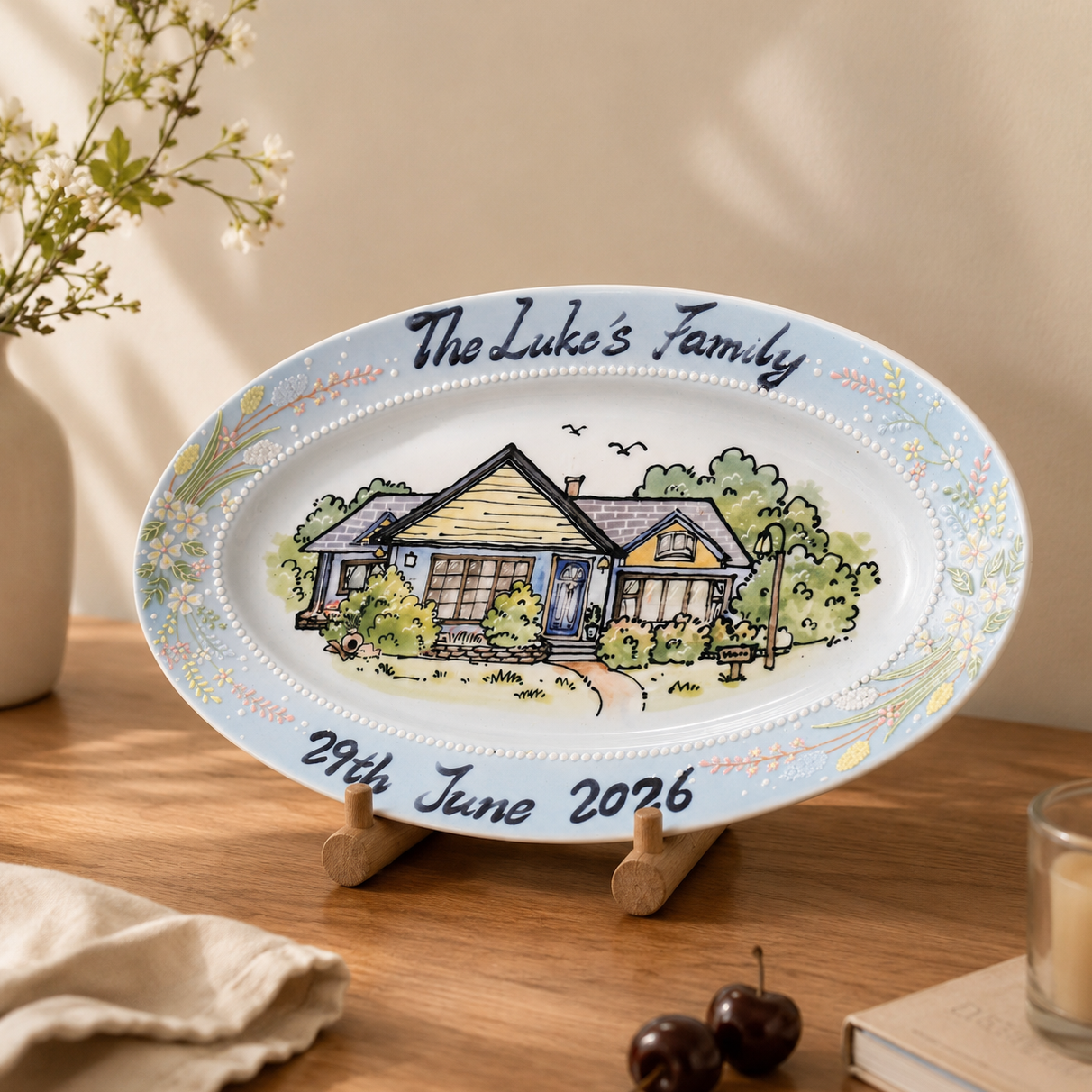 Custom Oval House Portrait Plate with Blue Floral Border - Image 3
