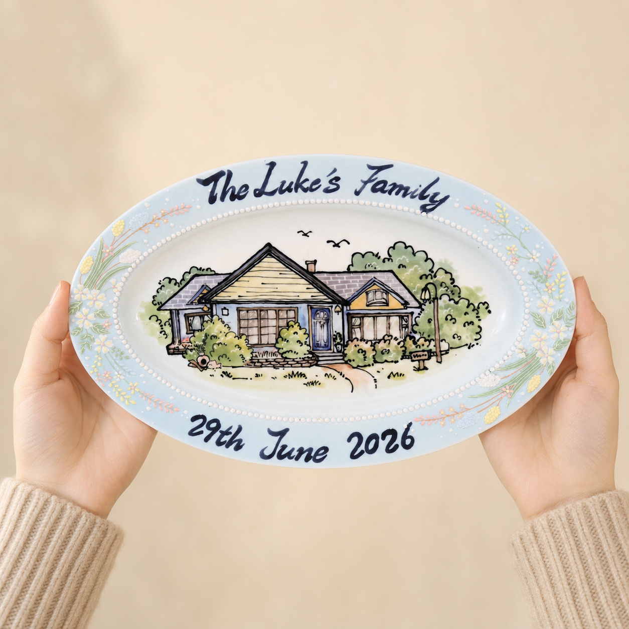 Custom Oval House Portrait Plate with Blue Floral Border - Image 2