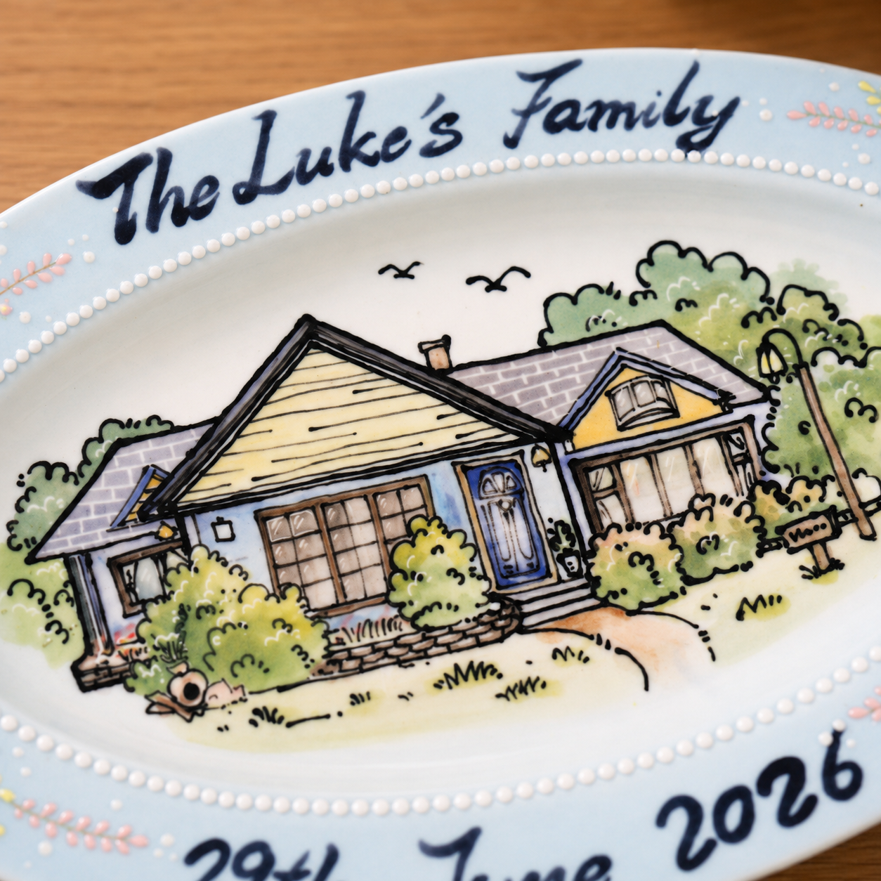Custom Oval House Portrait Plate with Blue Floral Border - Image 5